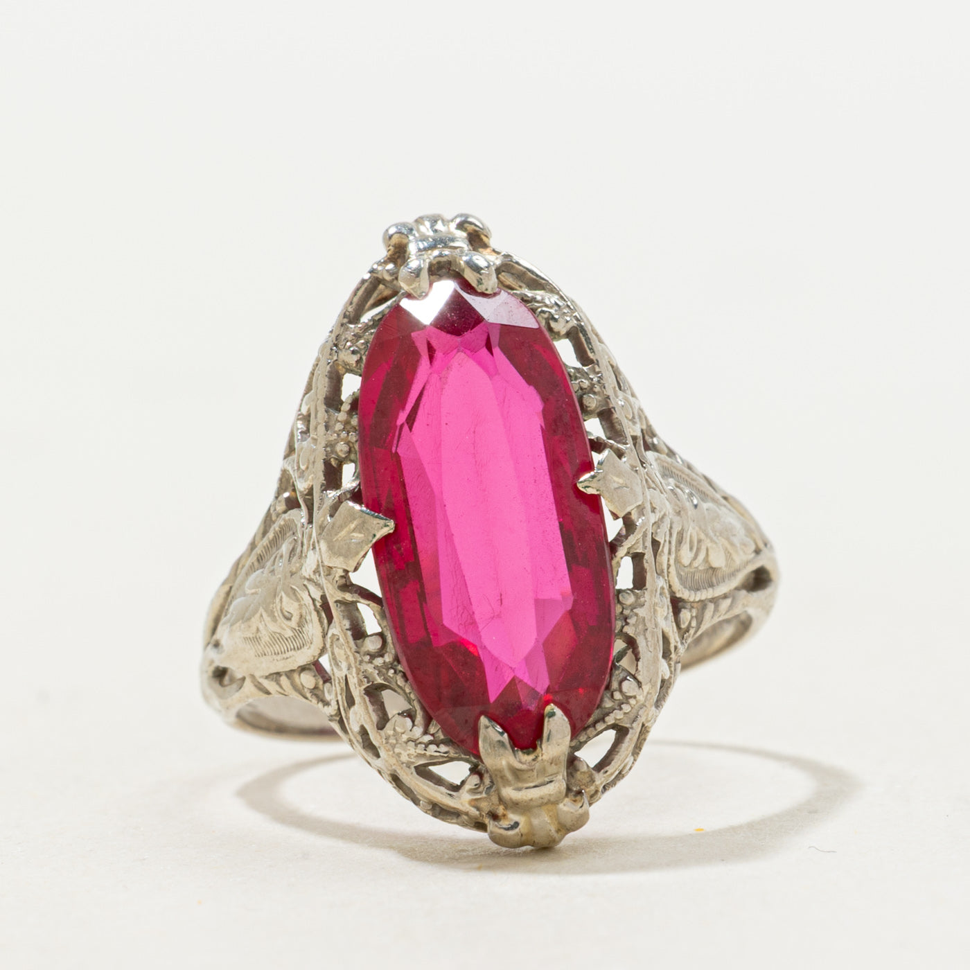 Syntheitc Ruby Open Scrollwork Cocktail Ring | 3.40ct | SZ 4.75