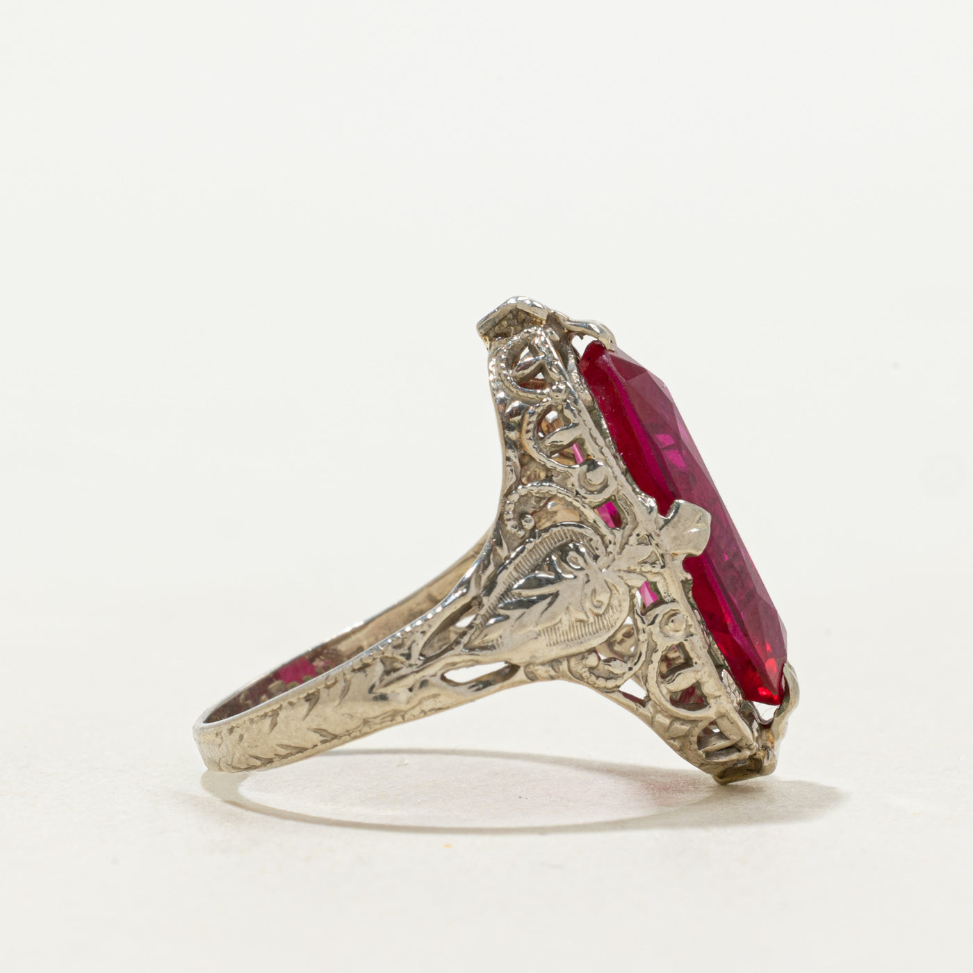 Syntheitc Ruby Open Scrollwork Cocktail Ring | 3.40ct | SZ 4.75