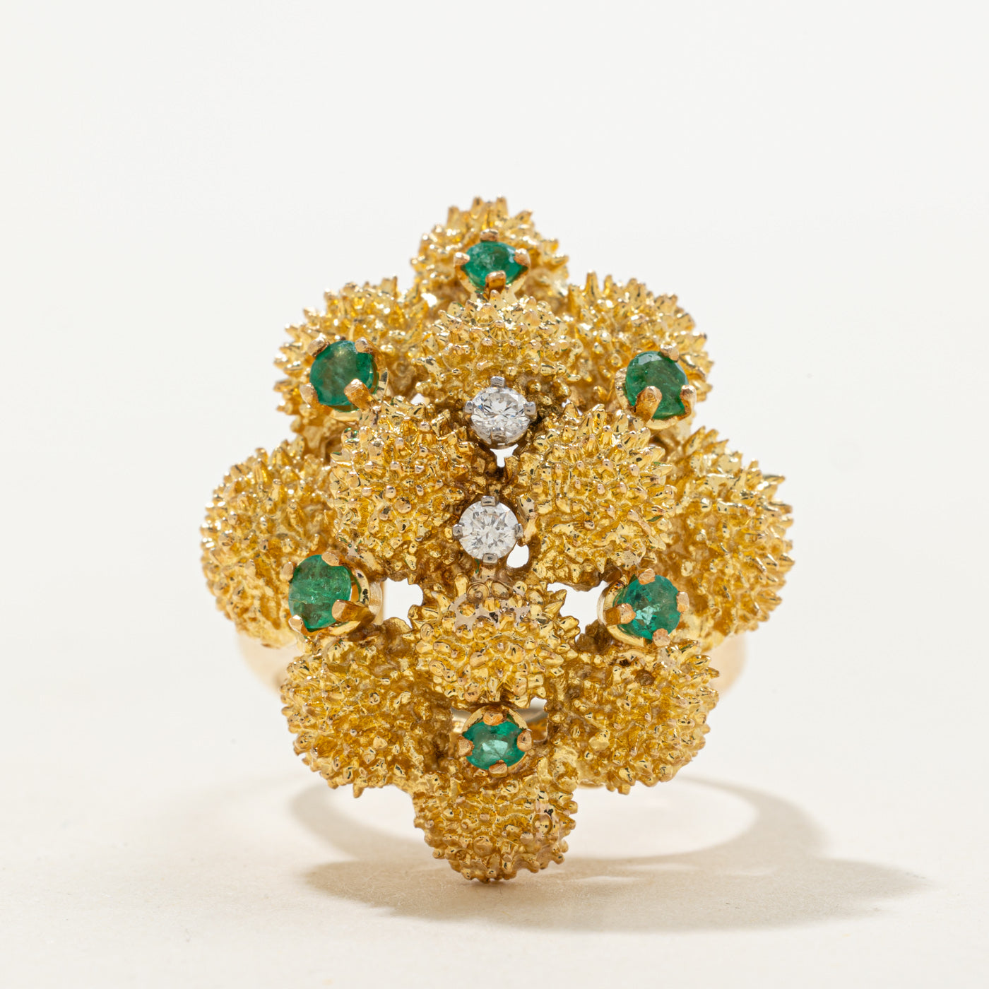 Emerald & Diamond Textured Cocktail Ring | 0.24ctw, 0.07ctw | SZ 8.5