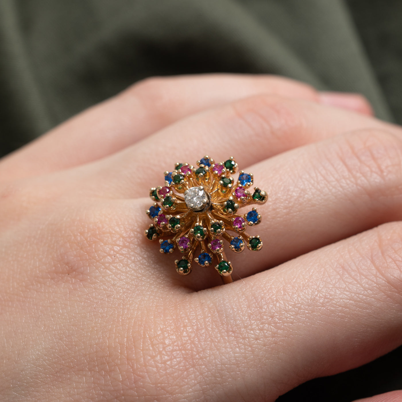Diamond & Gemstone Floral Cocktail Ring | 0.12ct, 0.41ctw | SZ 9