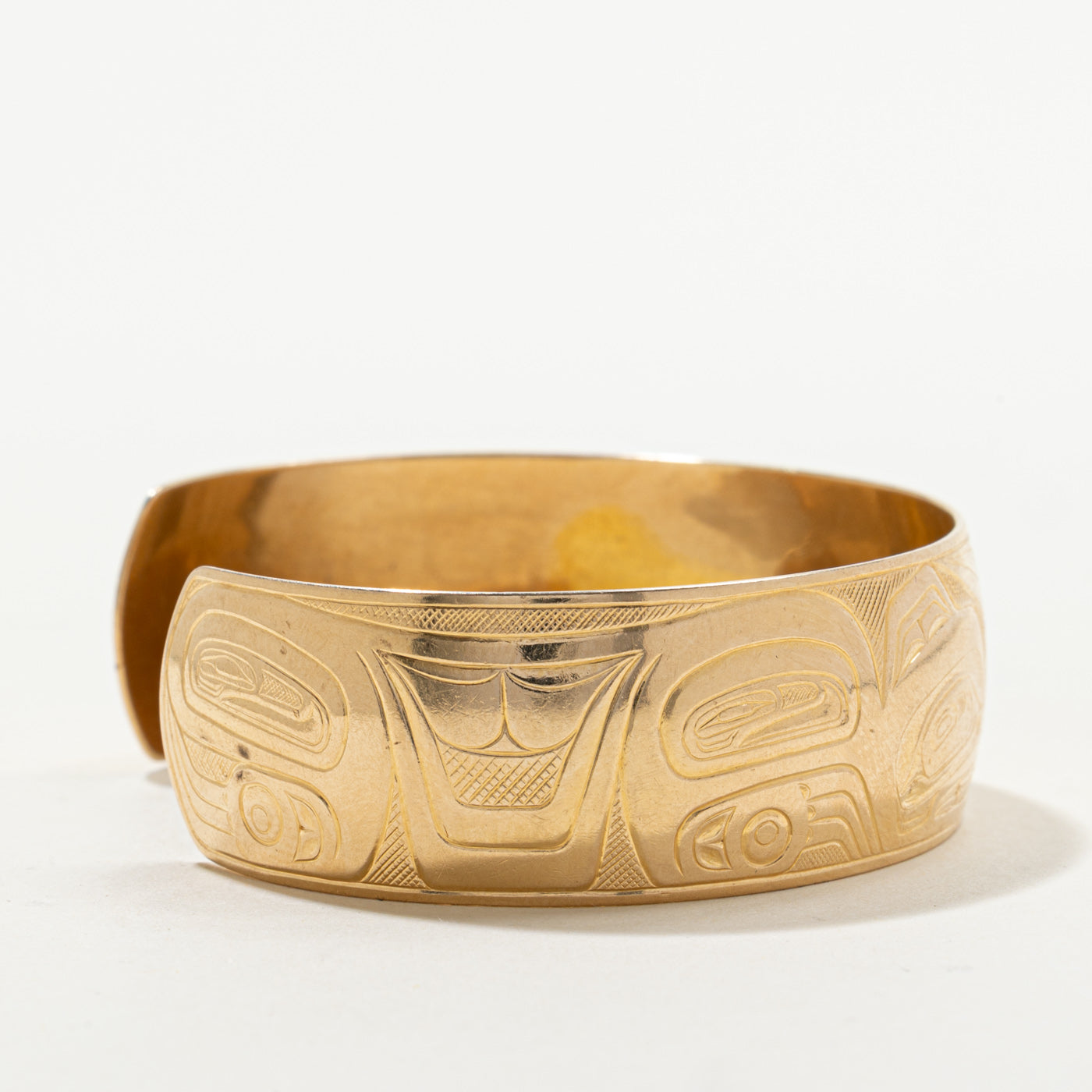 14k Yellow Gold Indigenous Bear Engraved Cuff Bracelet | 6.25"