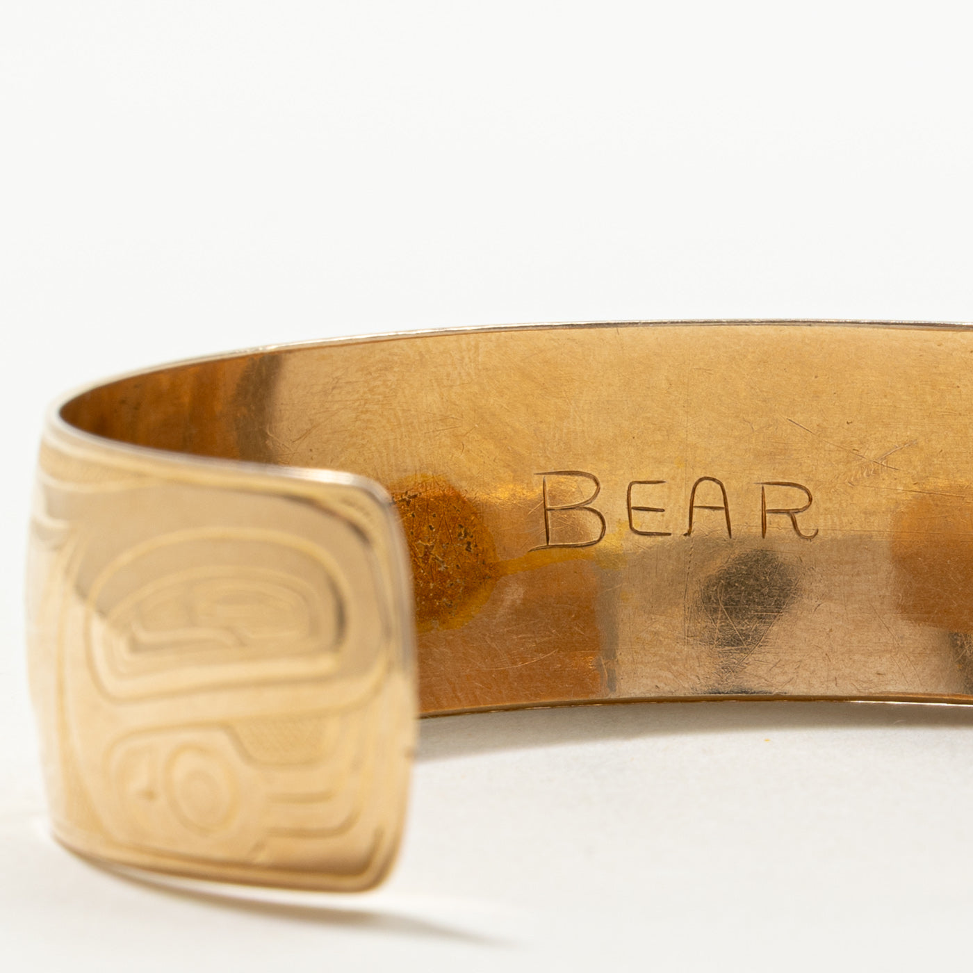 14k Yellow Gold Indigenous Bear Engraved Cuff Bracelet | 6.25"