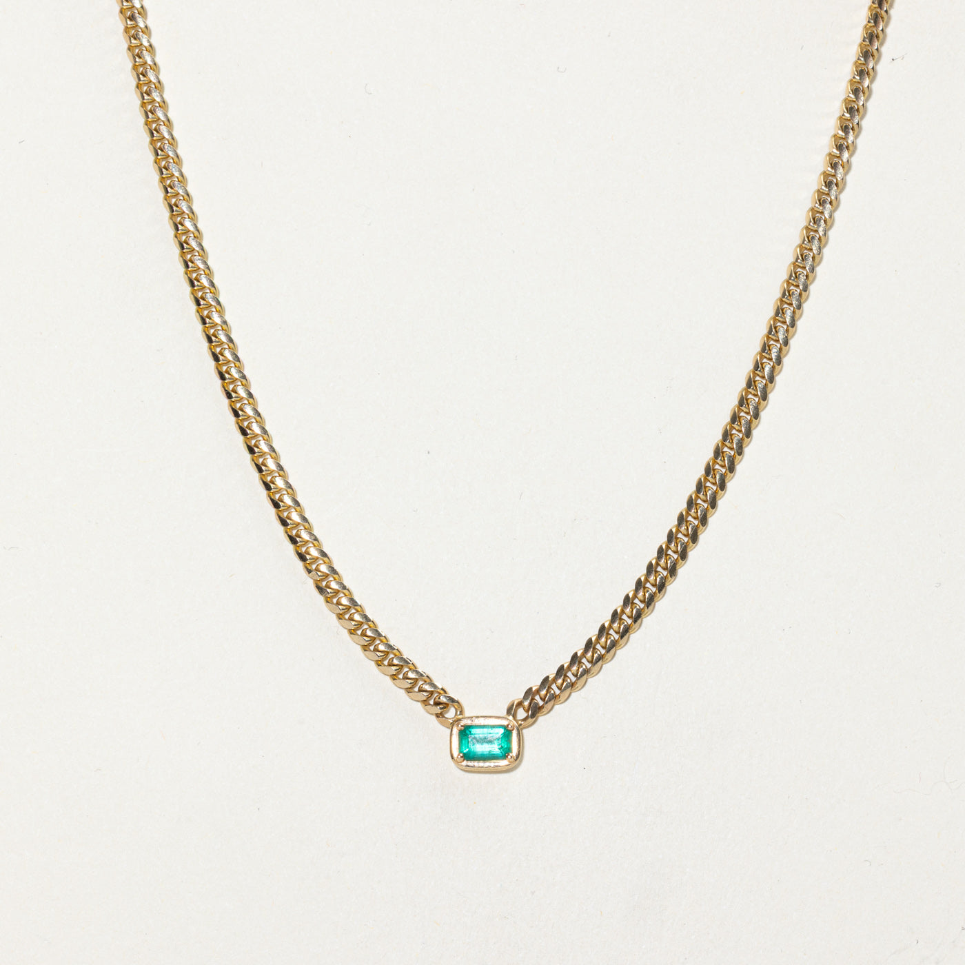 Solitaire Emerald Pendant Curb Chain Choker Necklace | 0.46ct | 14"