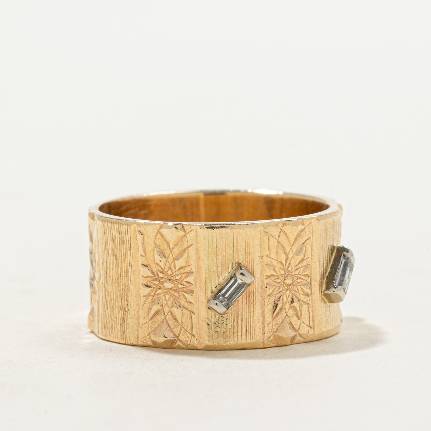 'Birks' Four Baguette Cut Diamond Engraved Cigar Band | 0.08ctw | 9.85mm | SZ 8.5