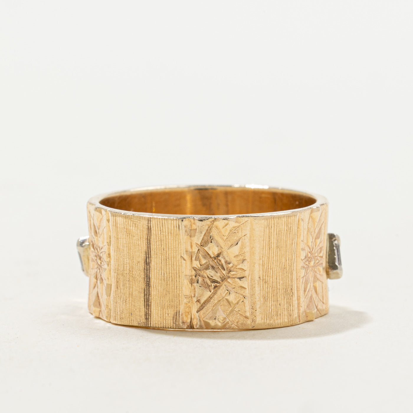'Birks' Four Baguette Cut Diamond Engraved Cigar Band | 0.08ctw | 9.85mm | SZ 8.5
