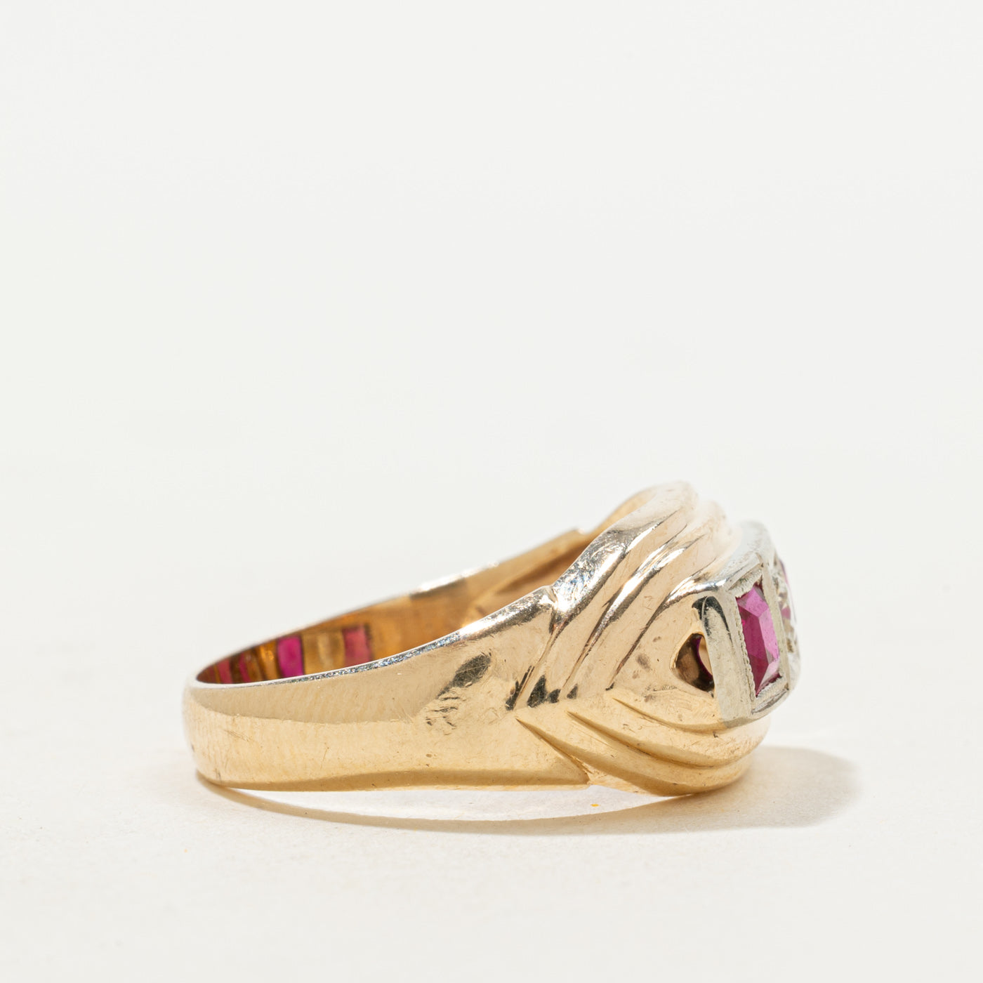 Art Deco Synthetic Ruby & Diamond Panel Ring | 0.66ctw, 0.08ct | SZ 7.5