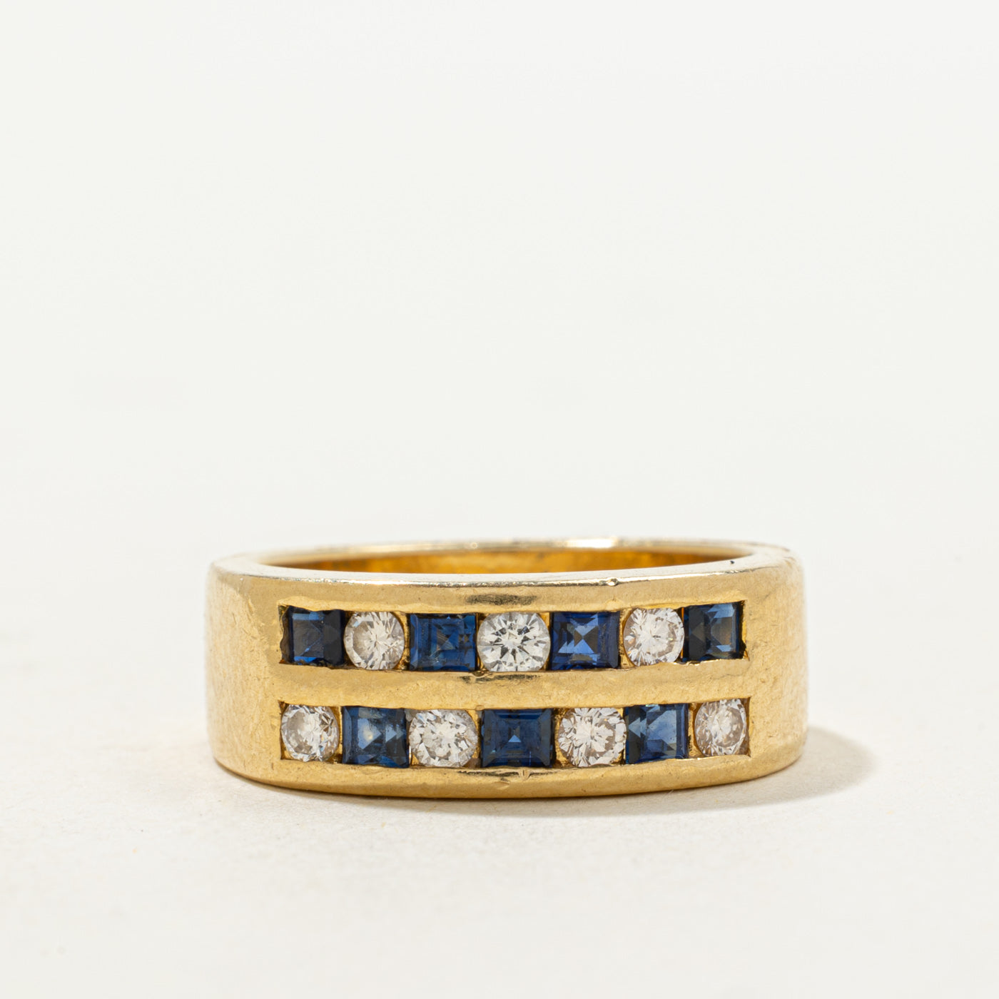 'Birks' Channel Set Sapphire & Diamond Double Row Band | 0.50ctw, 0.35ctw | SZ 6.5