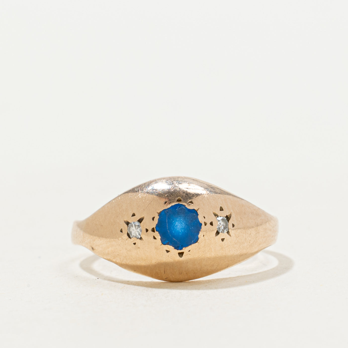 Blue Glass & Diamond Star Set Dome Ring | 0.15ct, 0.02ctw | SZ 4