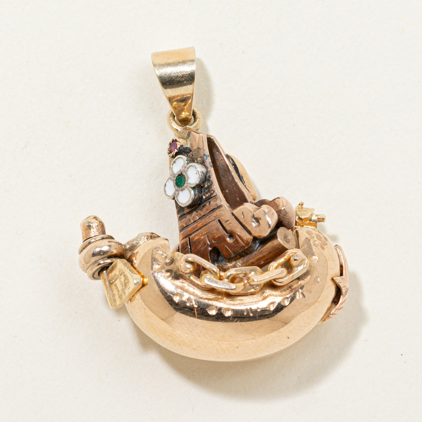 Synthetic Ruby & Enamel Pirate Ship Pendant | 0.02ctw