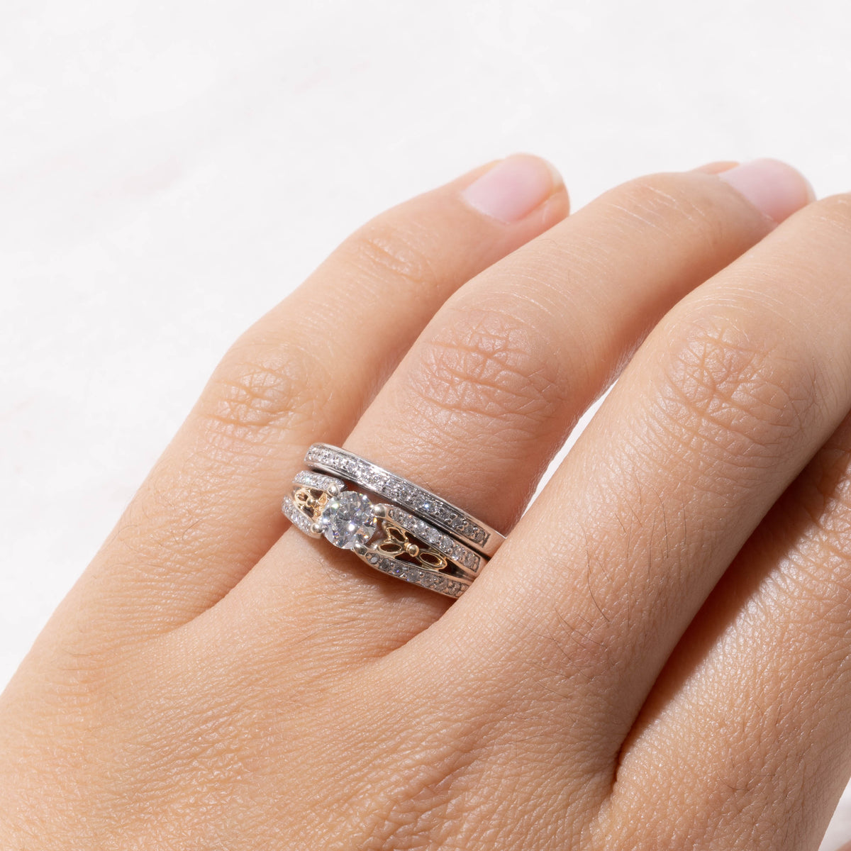 14k Two Tone Pave Set Diamond Scrollwork Soldered Wedding Ring Set | 0.50ct SI1 F, 0.30ctw | SZ 6
