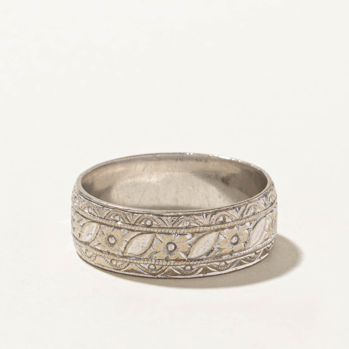 1968 London White Gold Diamond-Cut & Engraved Band | 6.8mm | SZ 8.25