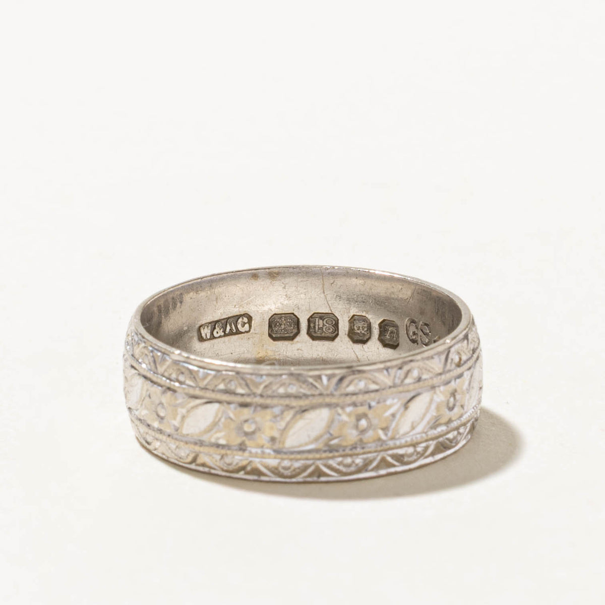 1968 London White Gold Diamond-Cut & Engraved Band | 6.8mm | SZ 8.25