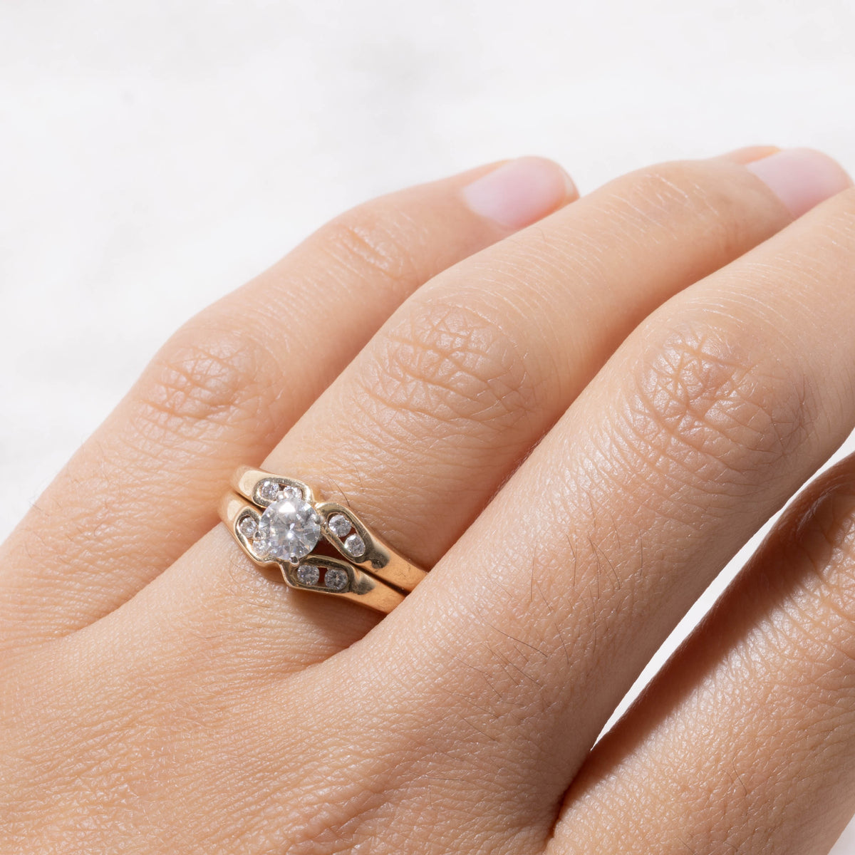 14k High Set Diamond Grooved Soldered Wedding Ring Set | 0.42ct VS2 H/I, 0.12ctw | SZ 6.5