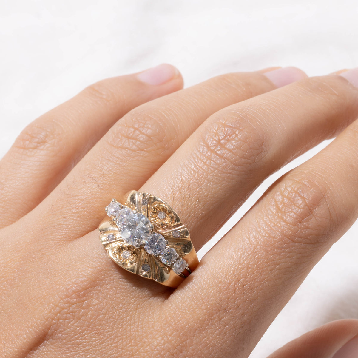 14k Graduating Diamond Grooved Floral Cocktail Ring | 1.10ct I1/I2 J/K, 1.24ctw | SZ 9