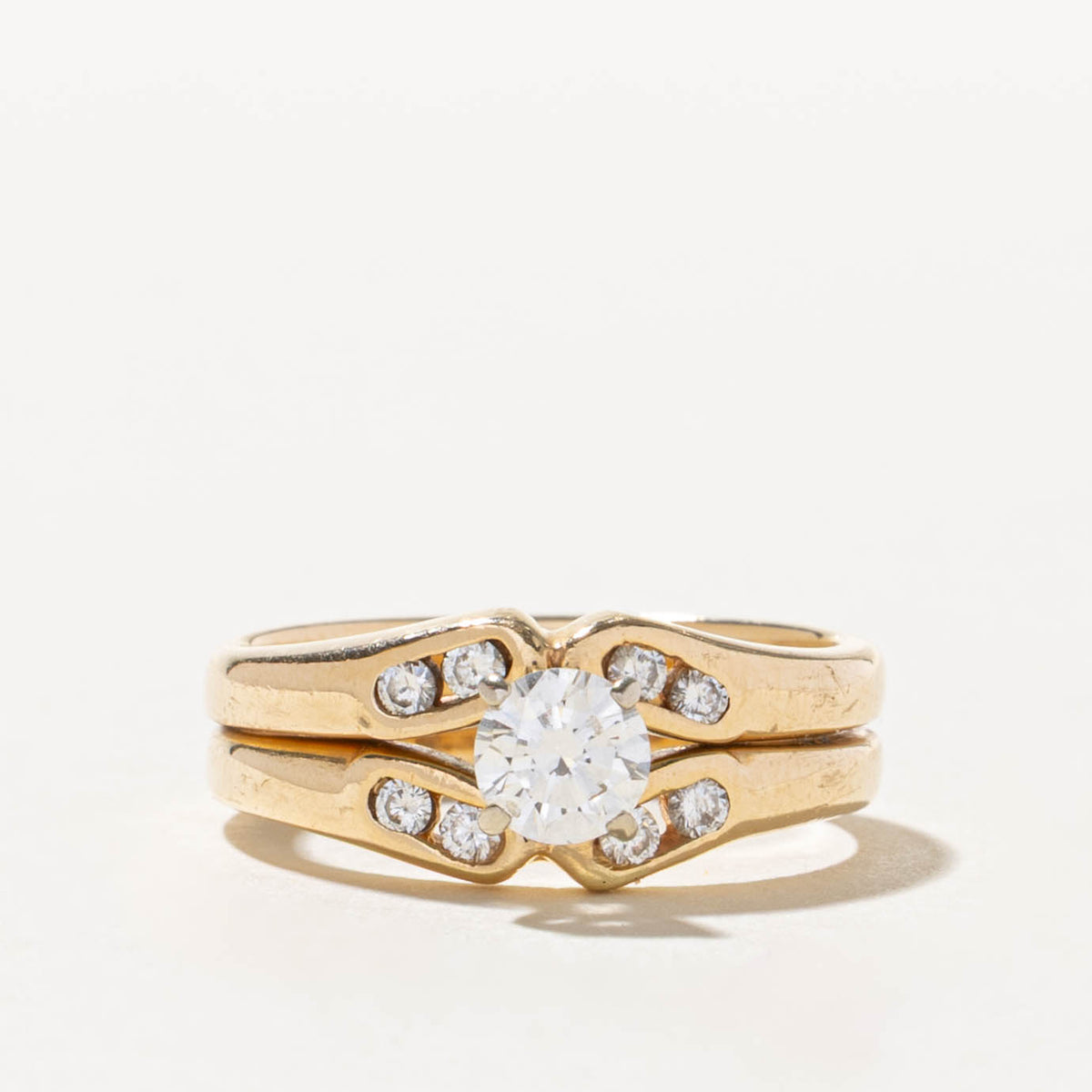 14k High Set Diamond Grooved Soldered Wedding Ring Set | 0.42ct VS2 H/I, 0.12ctw | SZ 6.5