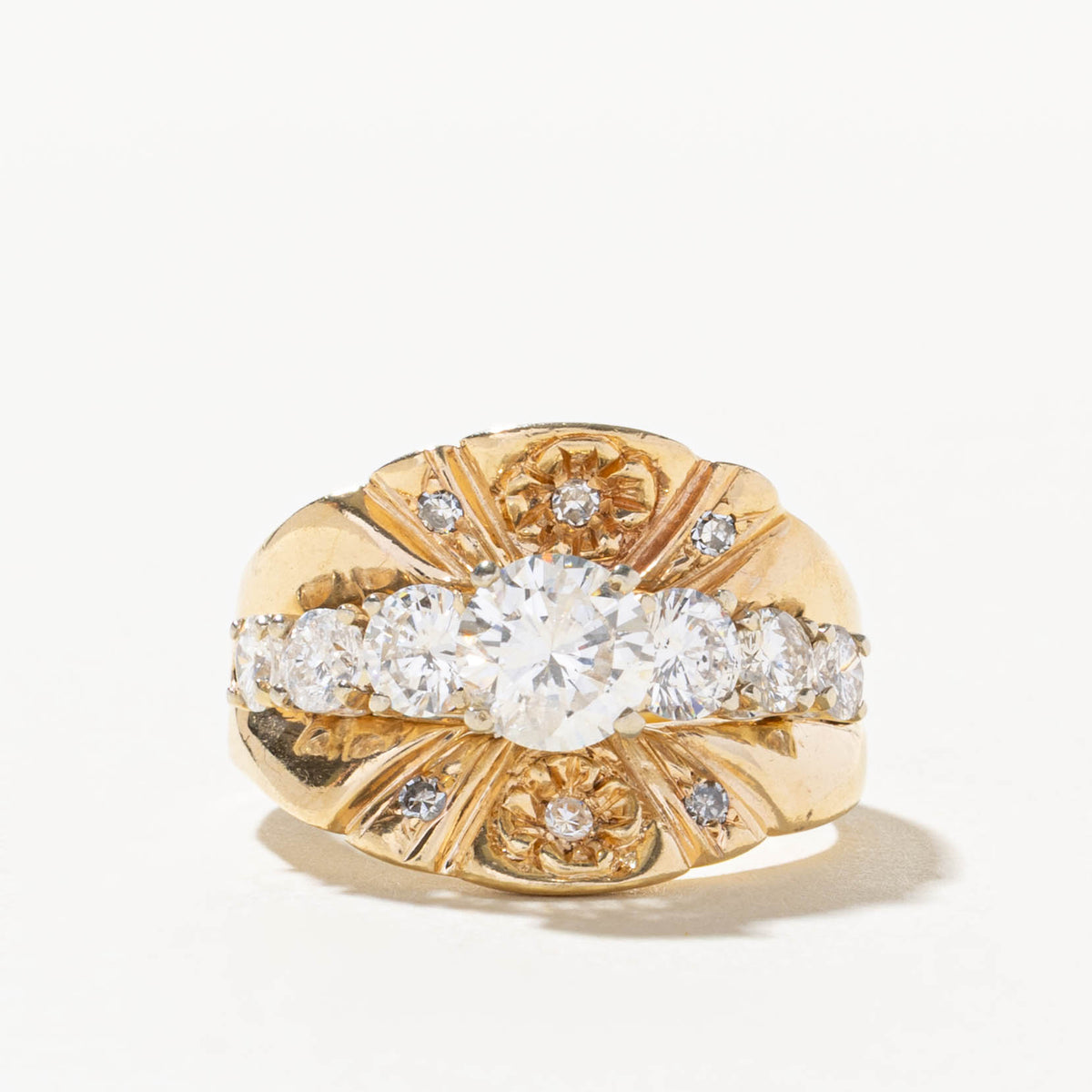 14k Graduating Diamond Grooved Floral Cocktail Ring | 1.10ct I1/I2 J/K, 1.24ctw | SZ 9