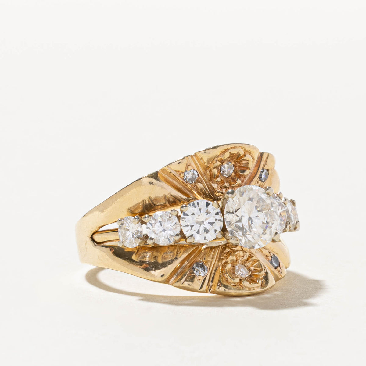 14k Graduating Diamond Grooved Floral Cocktail Ring | 1.10ct I1/I2 J/K, 1.24ctw | SZ 9
