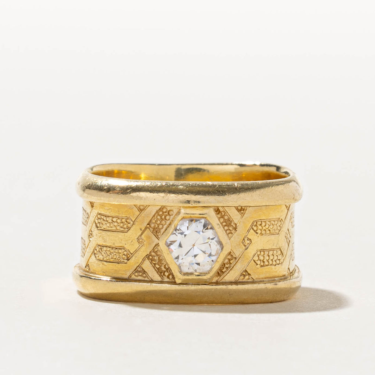 18k Solitaire Old European Cut Diamond Engraved Geometric Band | 0.45ct VS1/VS2 F/G | 10.25mm | SZ 5.25