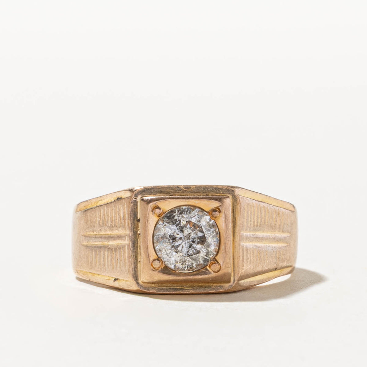 16k Solitaire Diamond Grooved Geometric Signet Ring | 0.65ct I3 K | SZ 7