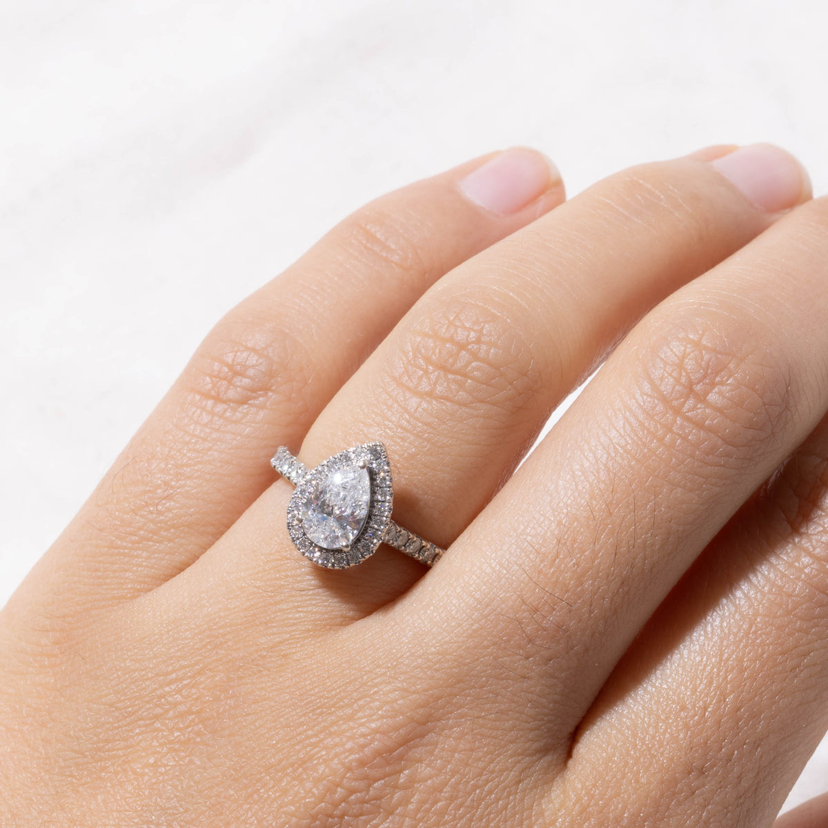 14k Pear Cut Diamond Halo Ring | 0.90ct SI2/I1 H, 0.48ctw | SZ 3.75