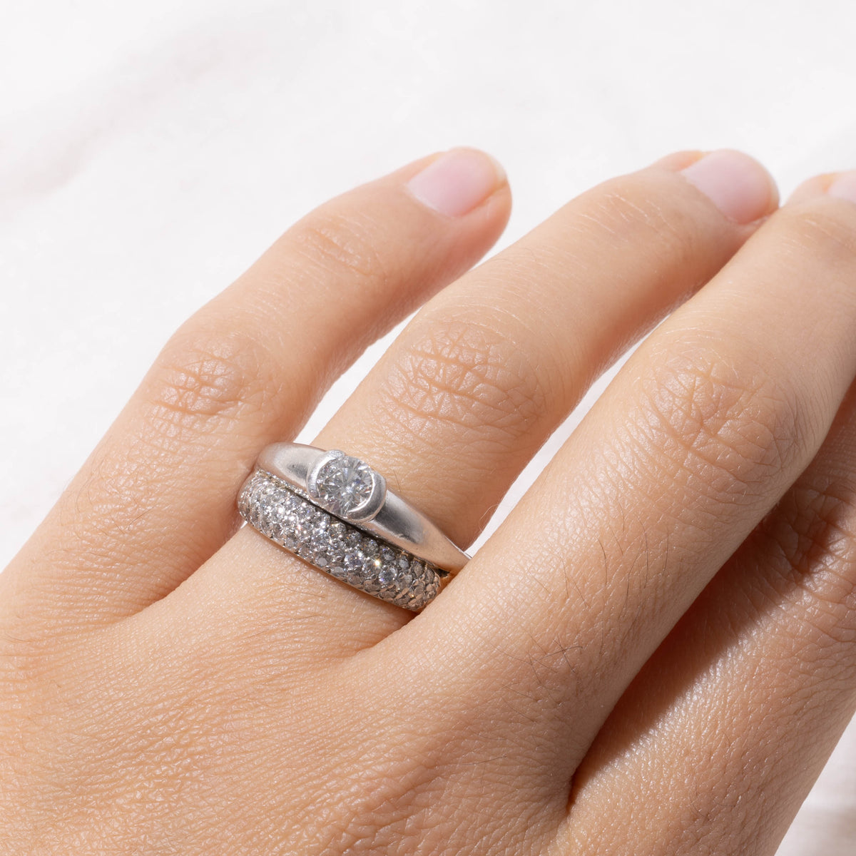 950 Platinum Bezel Set Diamond Hinged Wedding Ring Set | 0.52ct I1 I, 1.26ctw | SZ 6.5