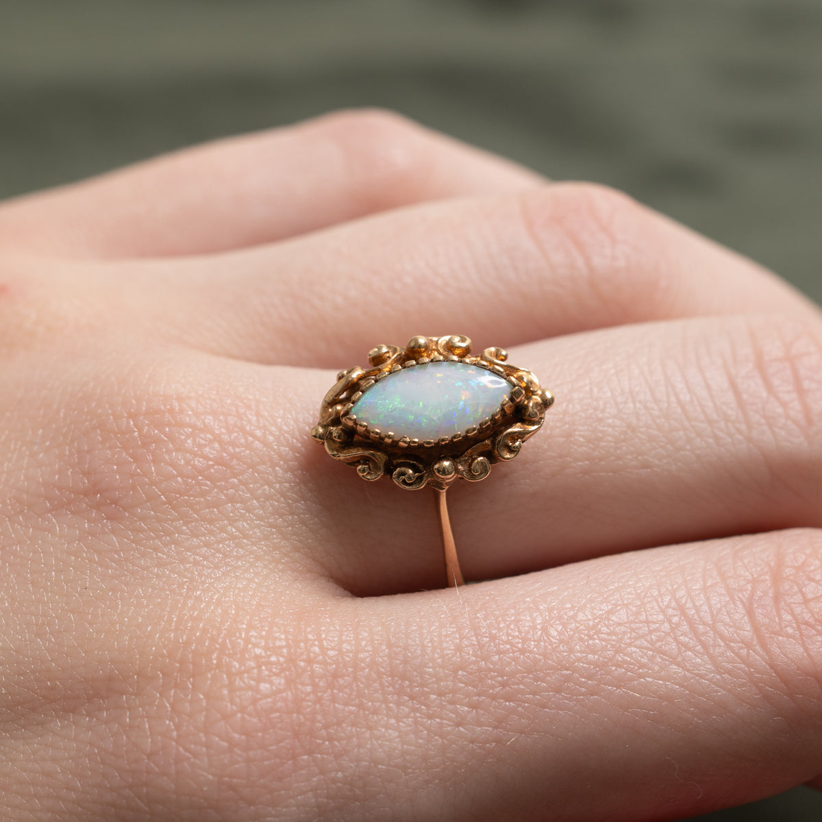10k Solitaire Opal Scrollwork Navette Ring | 0.40ct | SZ 7