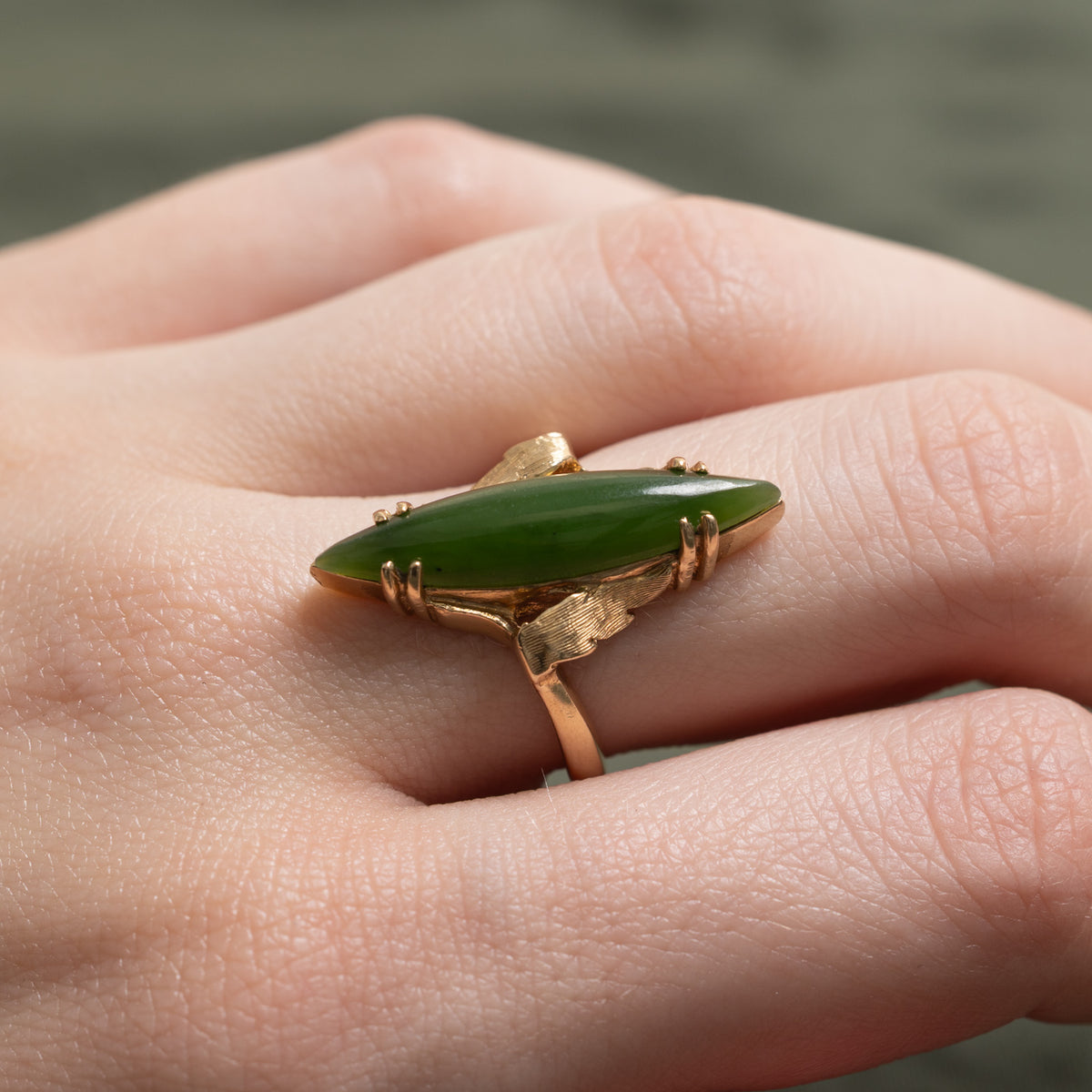 14k Solitaire Nephrite Jade Textured Navette Ring | 2.60ct | SZ 5.75