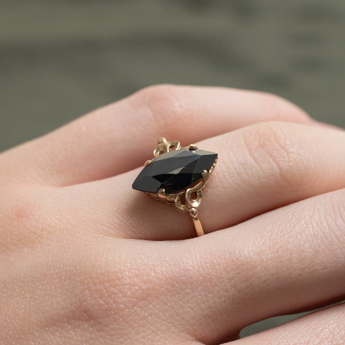 10k Solitaire Marquise Cut Hematite Scrollwork Ring | 2.40ct | SZ 5.25