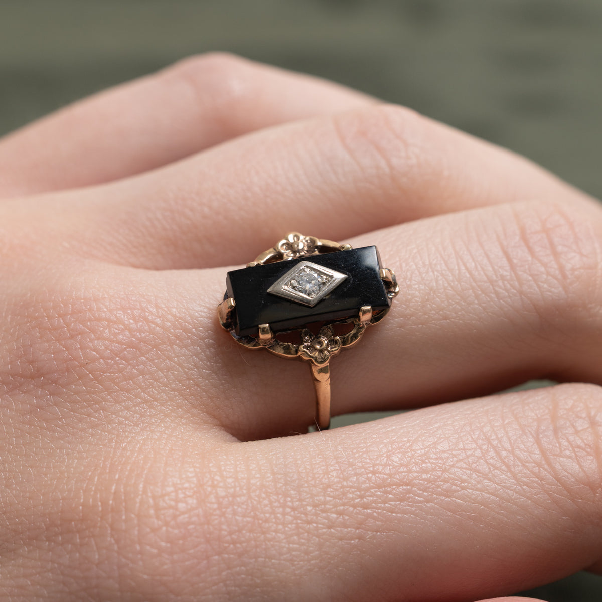10k Onyx & Diamond Floral Accented Ring | 2.70ct, 0.06ct | SZ 6.5