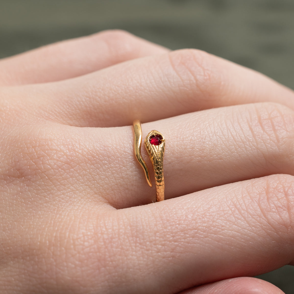 14k Garnet Engraved Snake Bypass Ring | 0.08ct | SZ 6.5