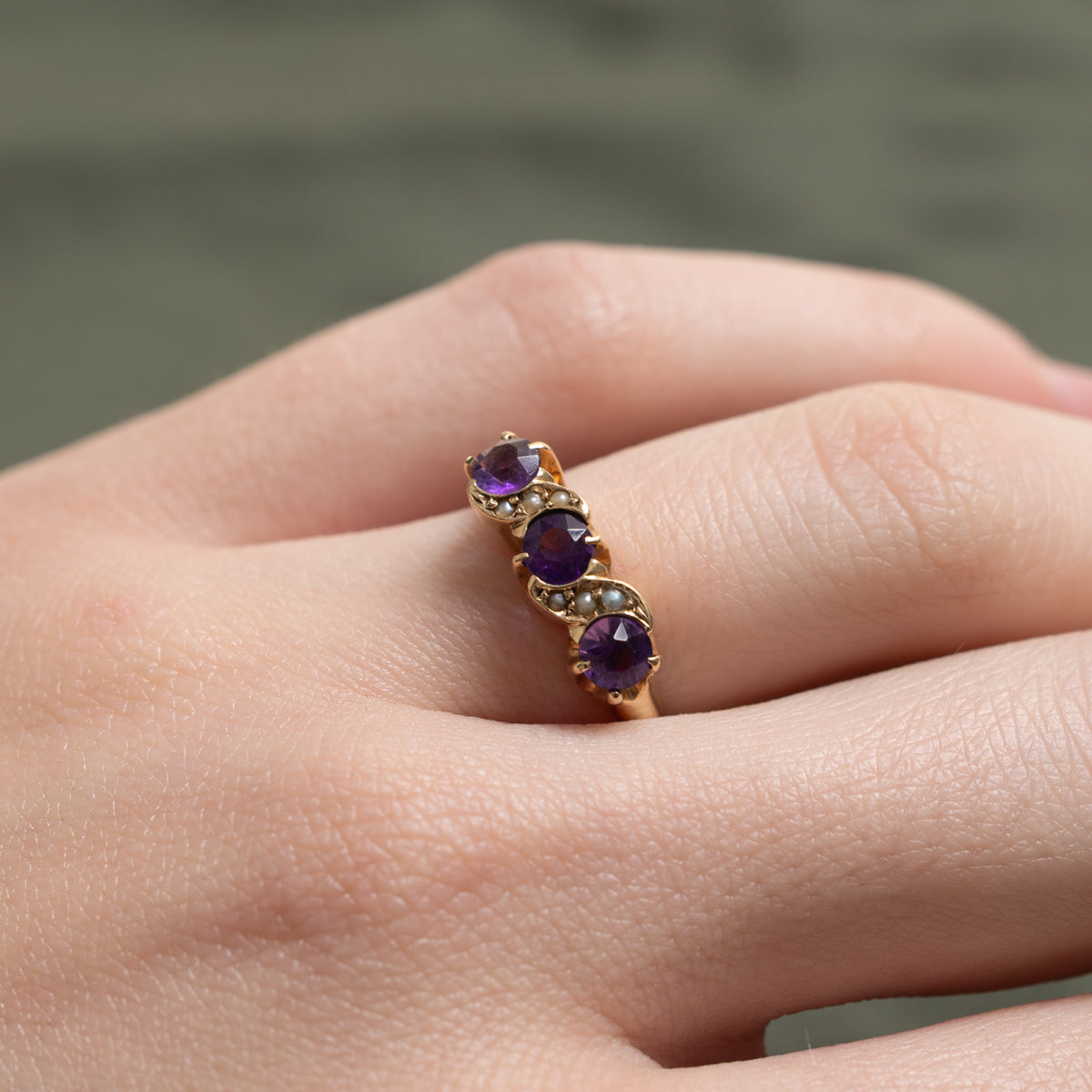 10k Three Stone Amethyst & Seed Pearl Ring | 0.50ctw | SZ 4.75