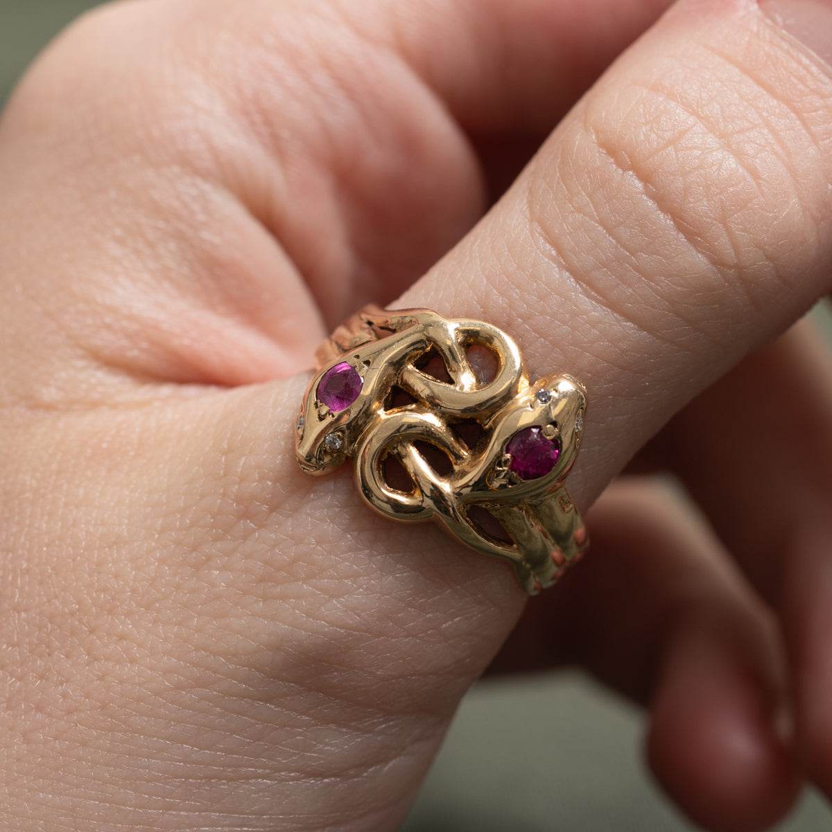 14k Synthetic Ruby & Diamond Double Snake Crossover Ring | 0.40ctw, 0.02ctw | SZ 9.75