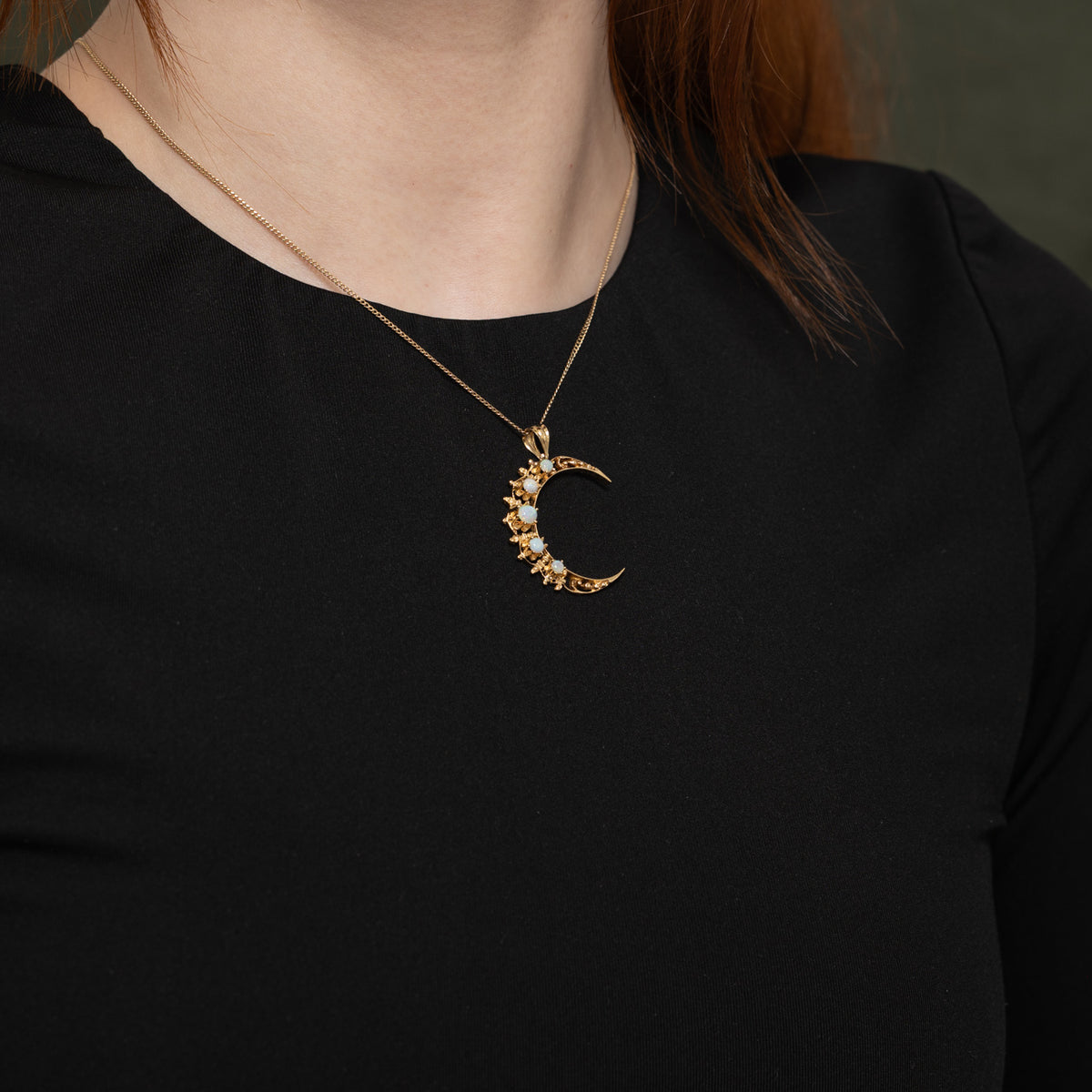 14k Cabochon Opal Openwork Moon Pendant | 0.30ctw