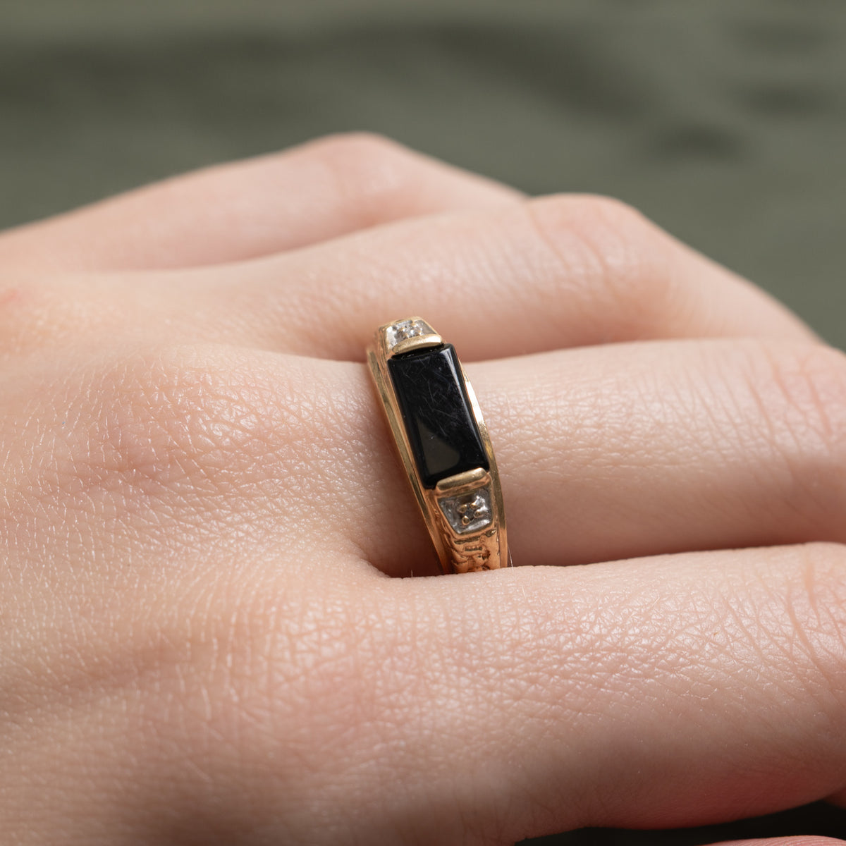 10k East West Onyx & Diamond Engraved Ring | 1.30ct, 0.006ctw | SZ 8.75