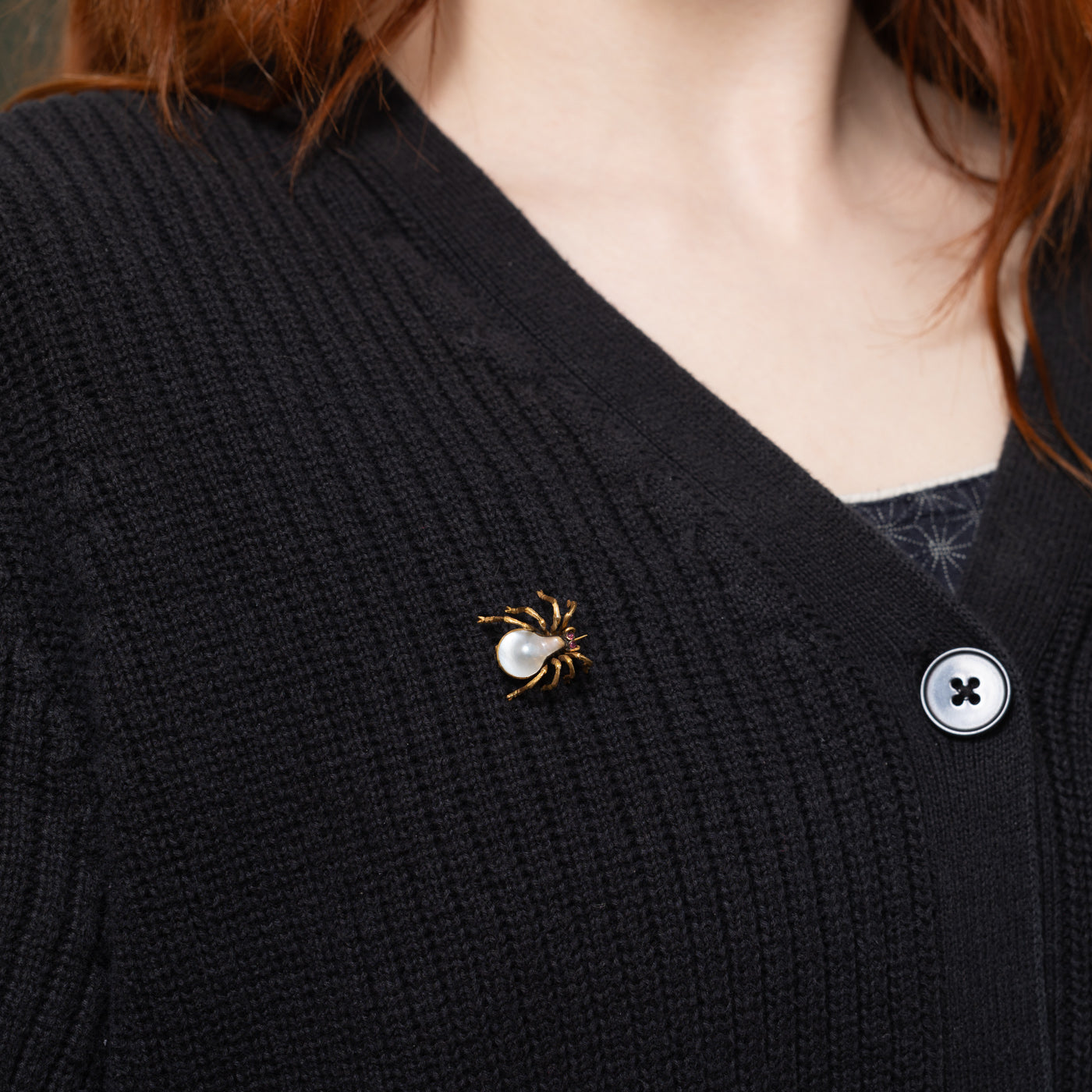 14K Garnet & Pearl Spider Brooch | 0.02ctw