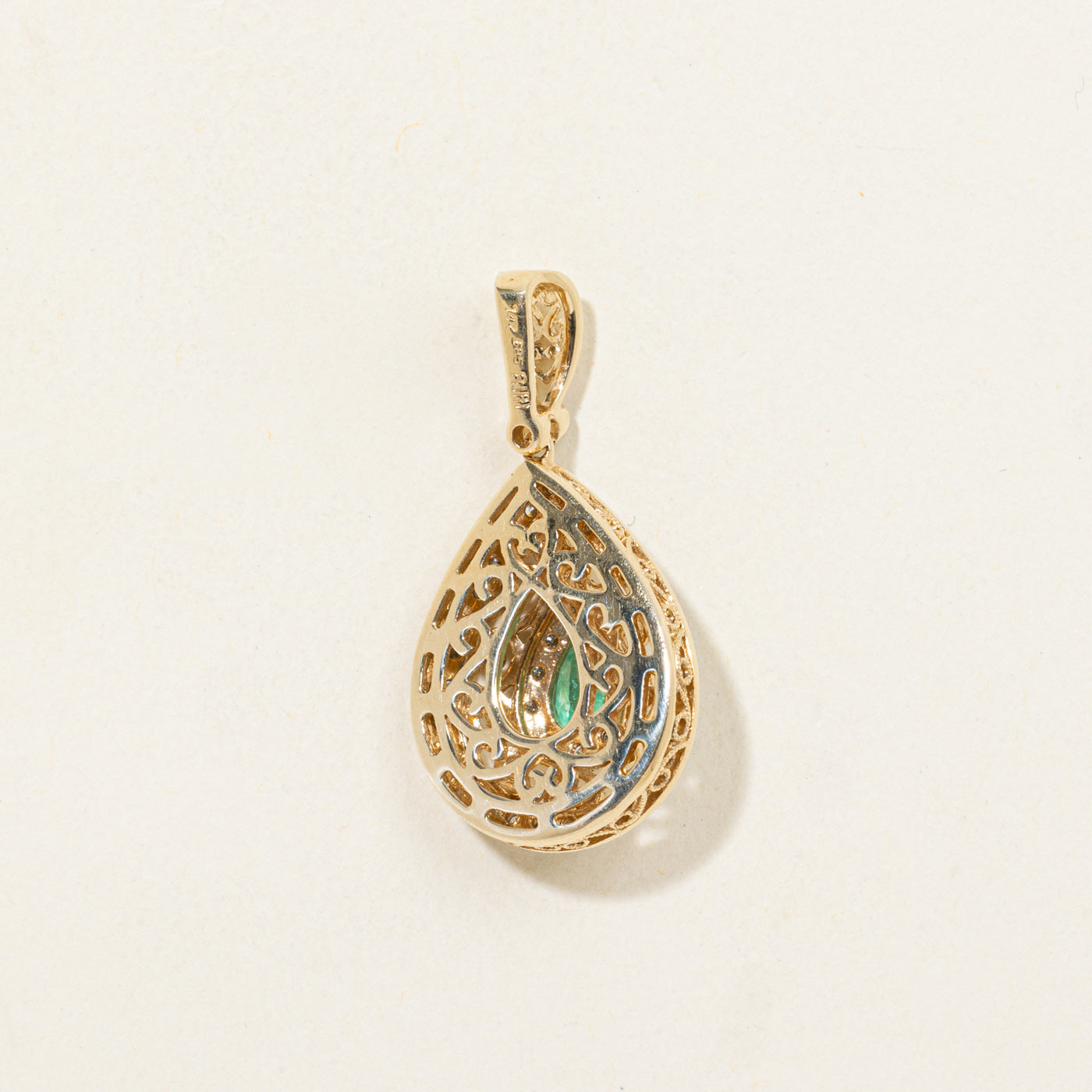 14K Emerald & Diamond Halo Scrollwork Pendant | 0.40ct, 0.20ctw