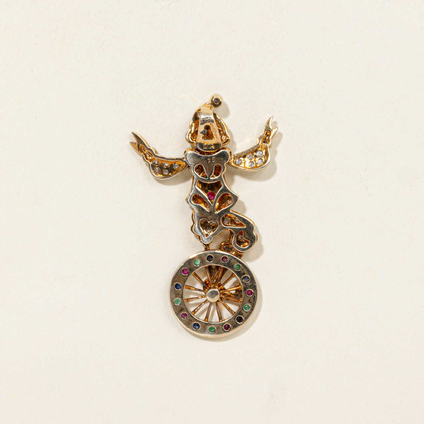 9K Multi Gemstone Clown on Unicycle Pendant | 0.25ctw, 0.13ctw