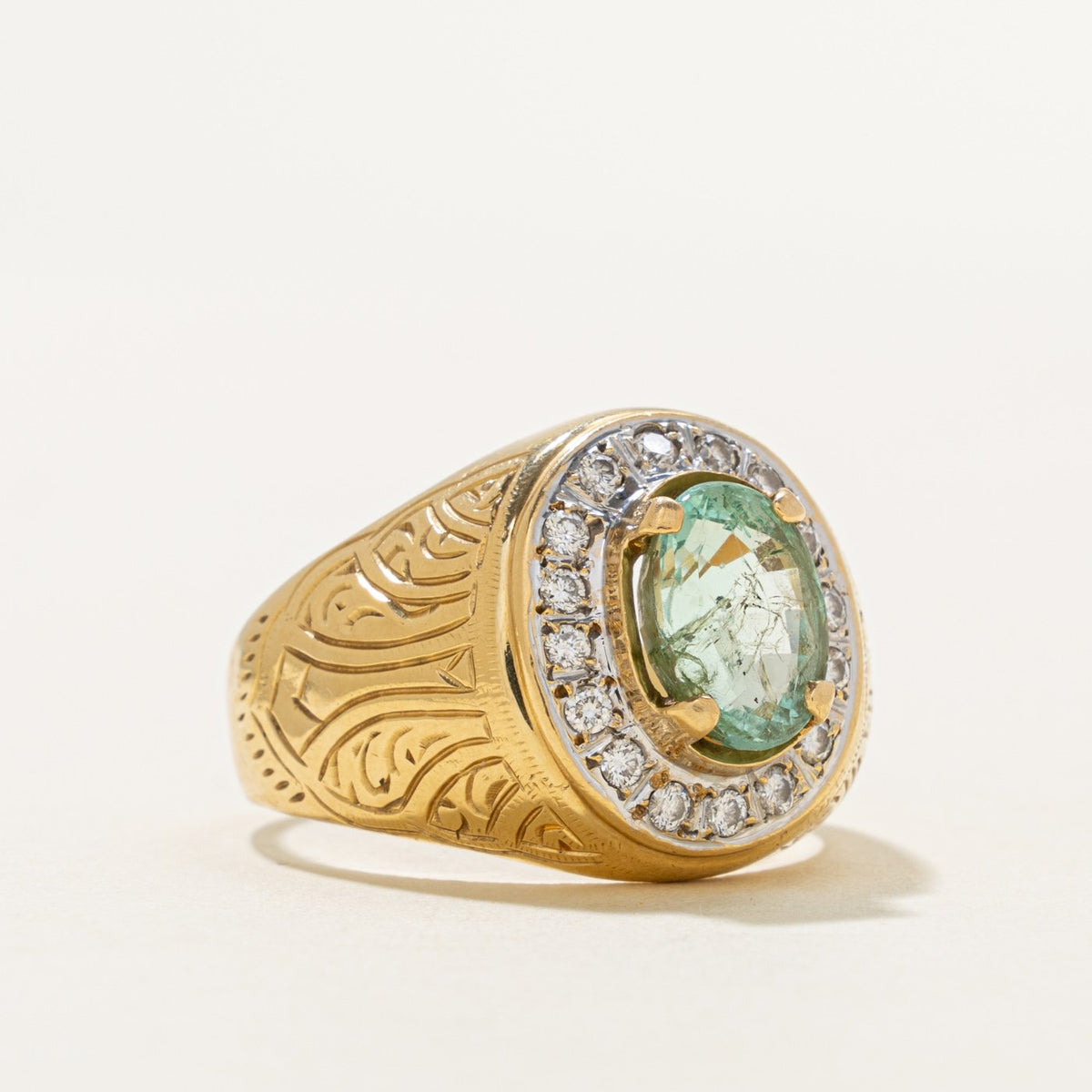 18k Emerald & Diamond Halo Engraved Signet Ring | 2.22ct, 0.32ctw | SZ 11.25