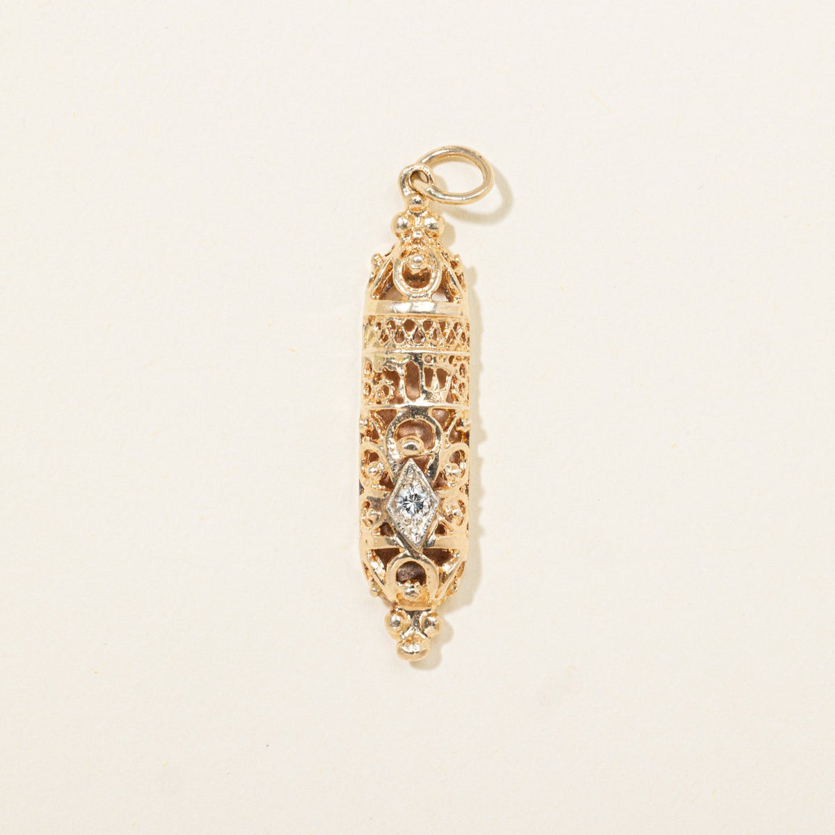 14k Diamond Filigree Ornate Mezuzah Pendant | 0.06ct