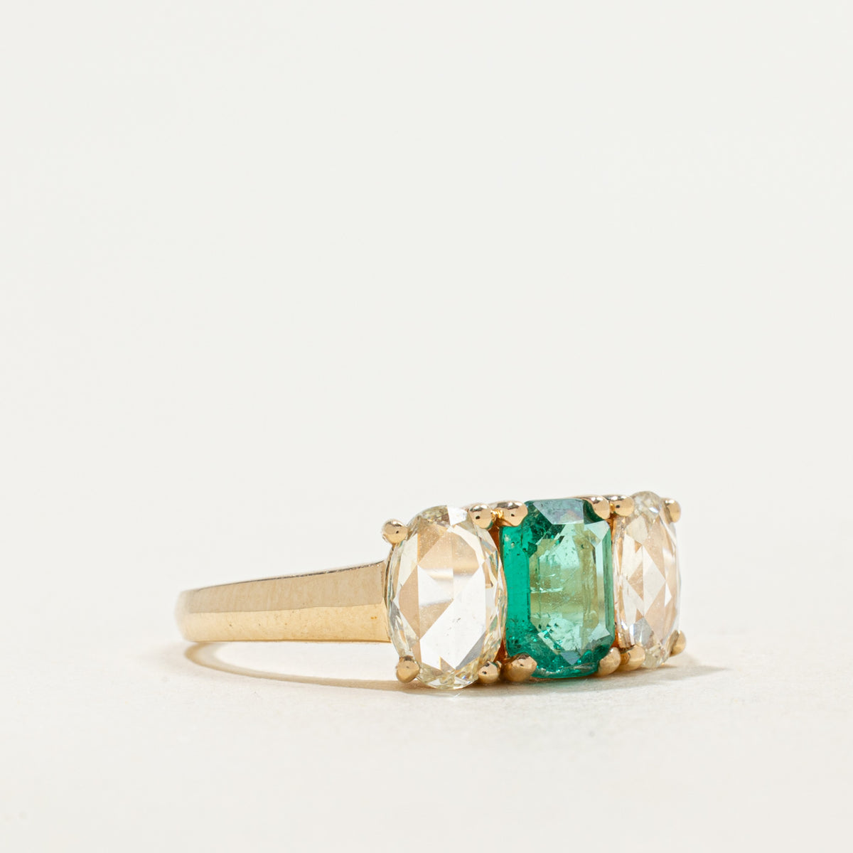 '100 Ways' 9k Three Stone Emerald & Rose Cut Diamond Ring | 0.69ct, 0.54ctw | SZ 5.75