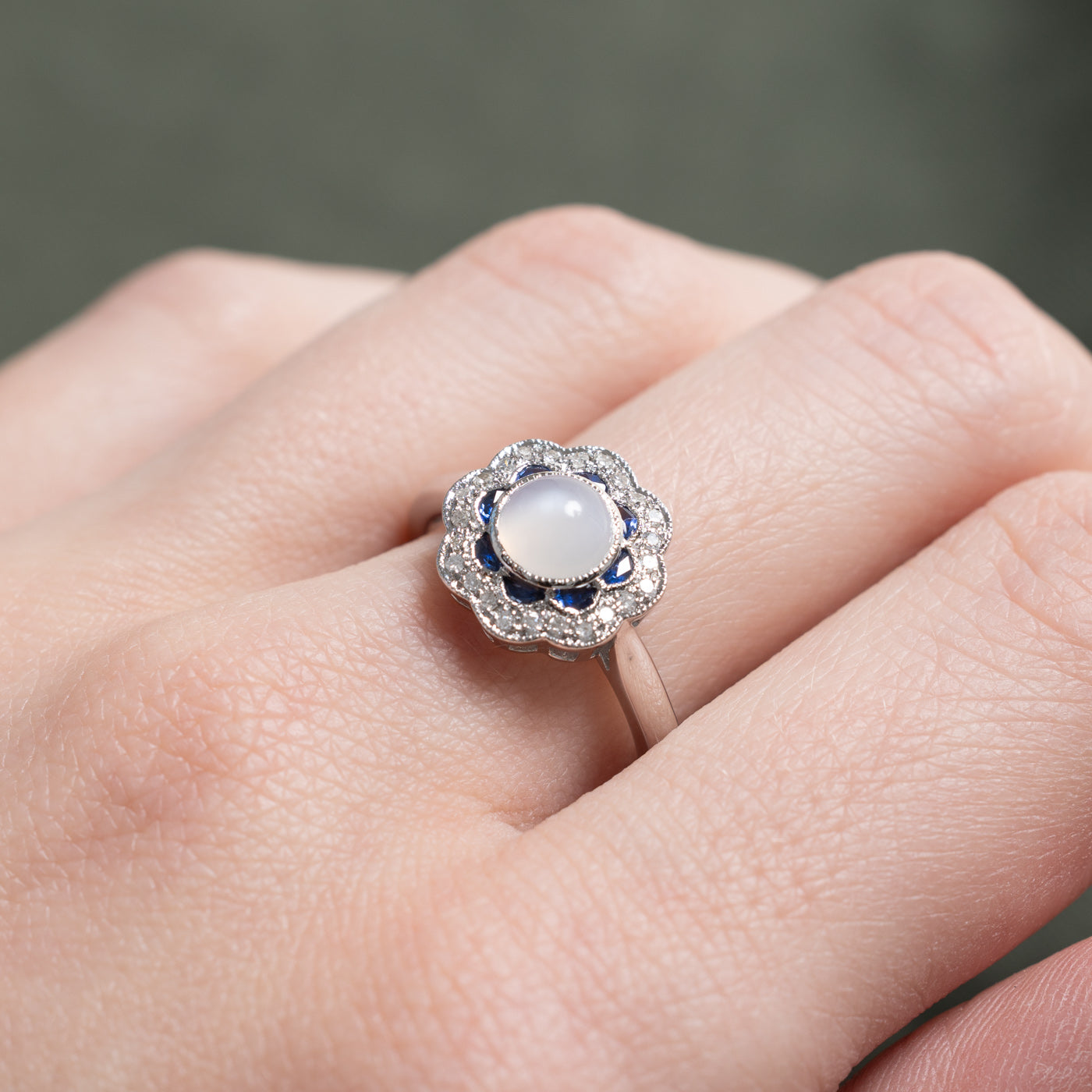 '100 Ways' Art Deco Inspired Moonstone, Sapphire & Diamond Ring | 1.40ctw, 0.10ctw | SZ 6.75 |