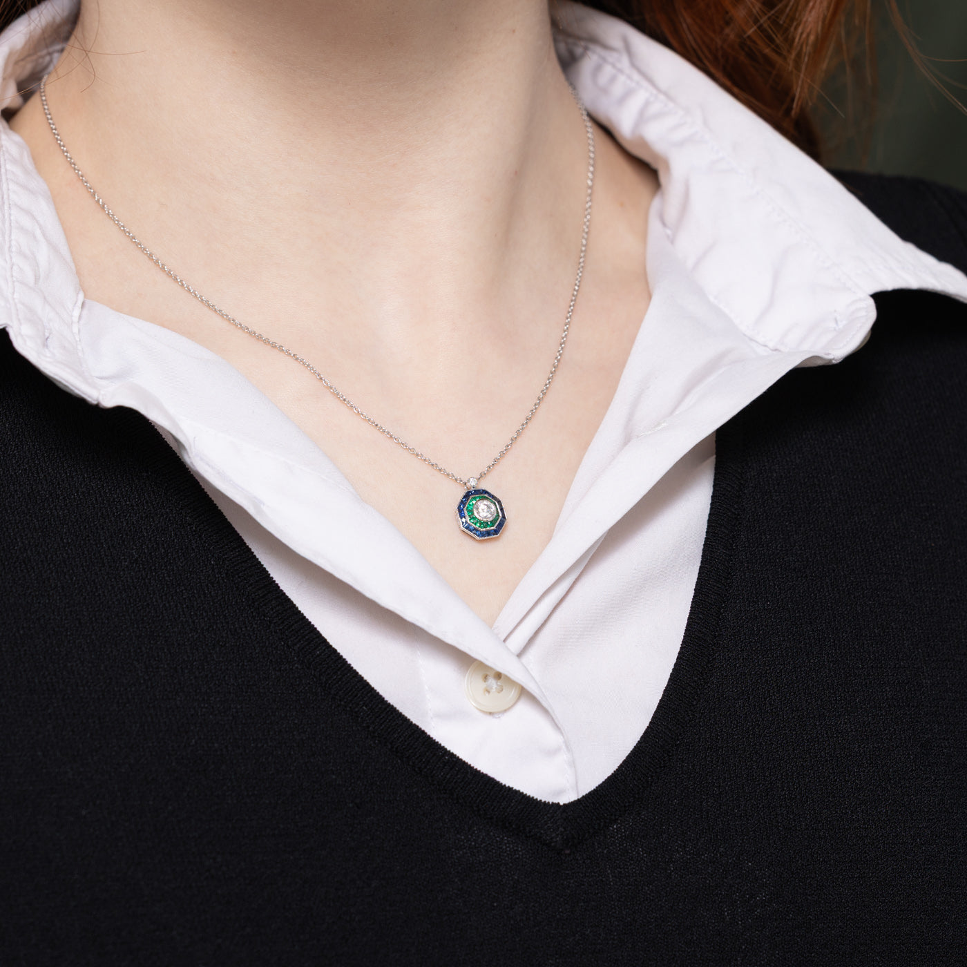 '100 Ways' Art Deco Inspired Diamond, Emerald & Sapphire Necklace | 0.27ct, 1.50ctw | 18" |