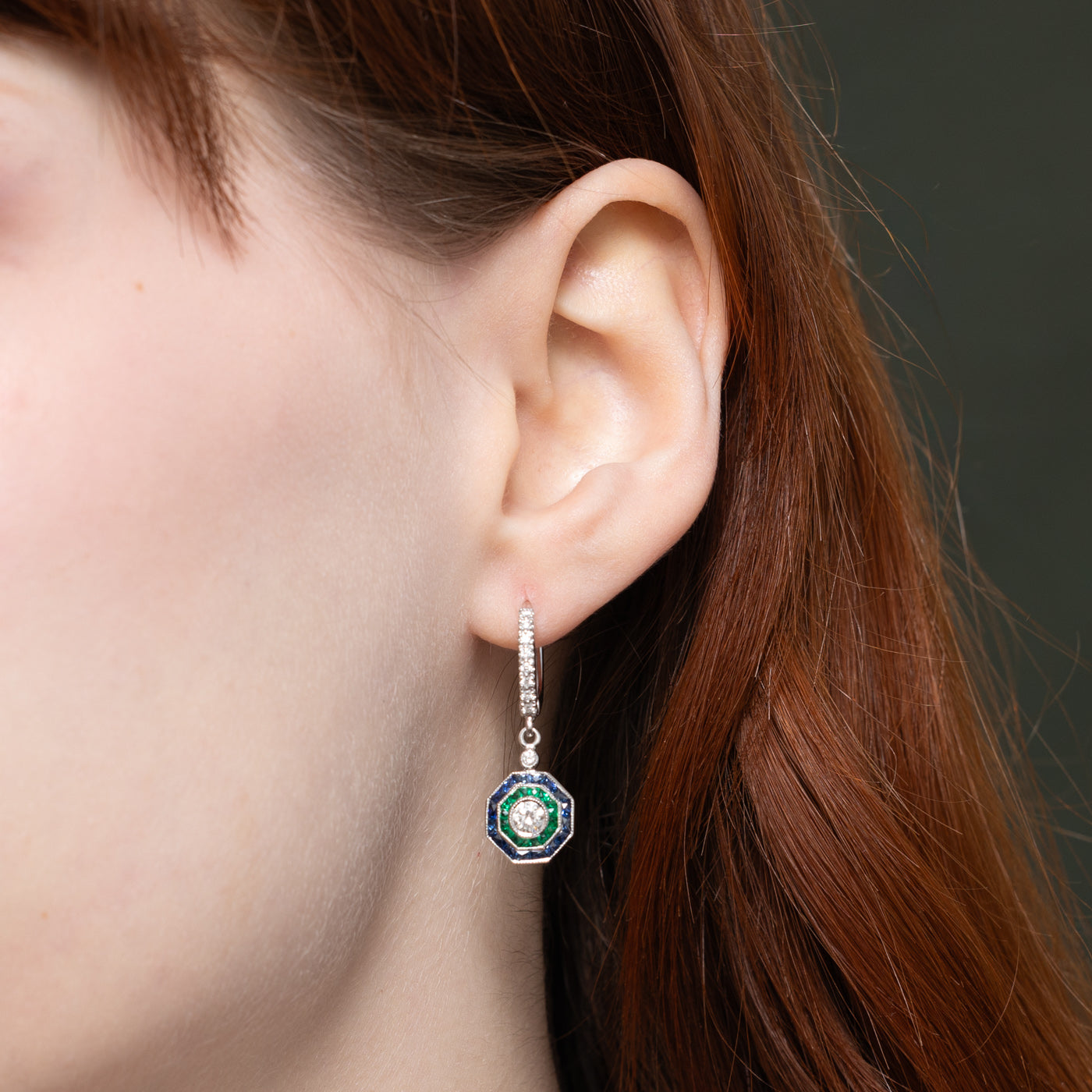 '100 Ways' Art Deco Inspired Diamond, Sapphire & Emerald Drop Earrings | 0.45ctw, 3.10ctw |