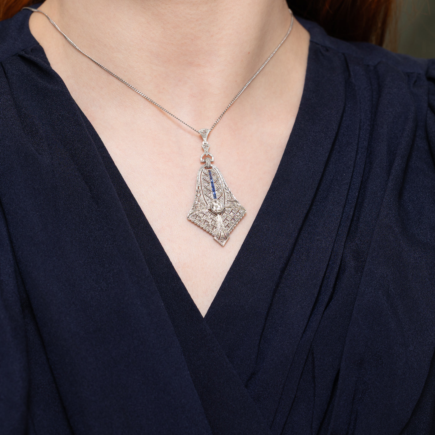 Late Art Deco Diamond & Sapphire Ornate Pendant | 0.72ctw, 0.18ctw