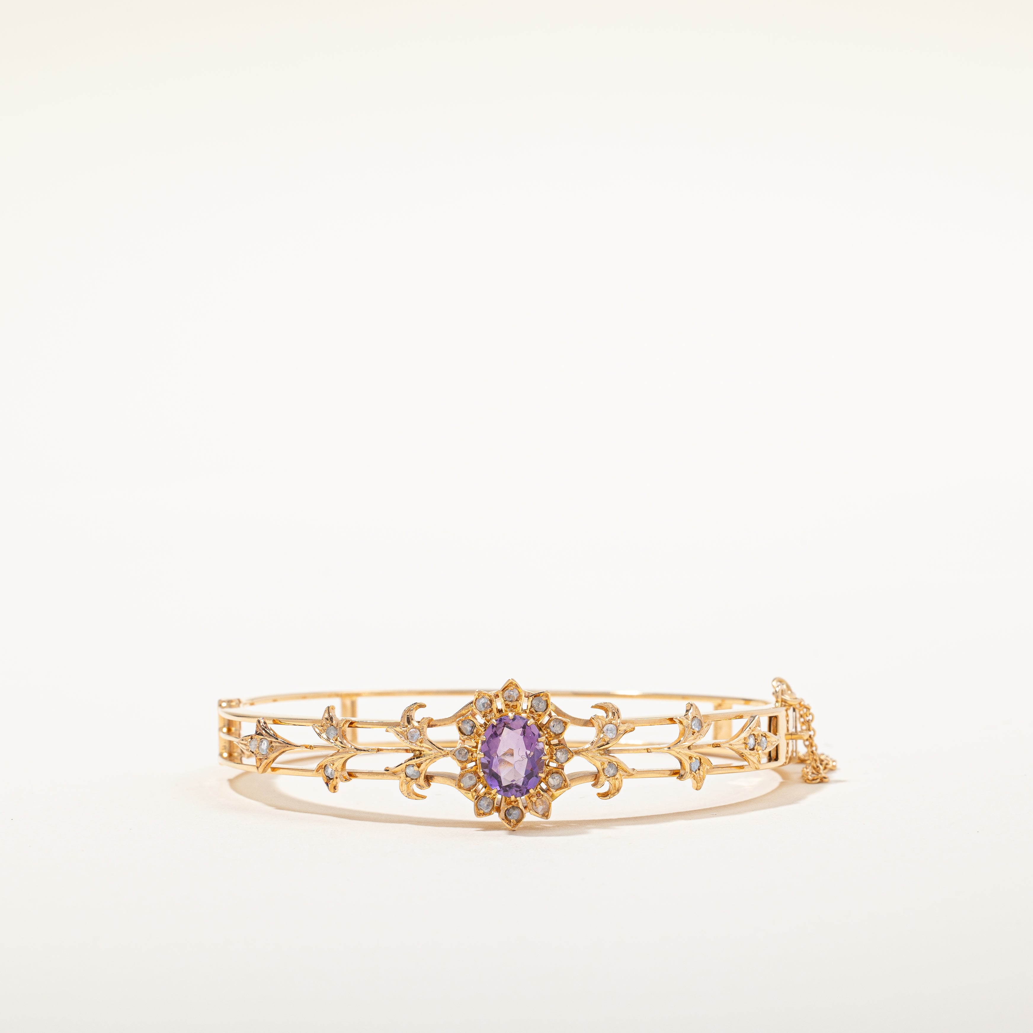 Edwardian Era Amethyst and Rose Cut Diamond Floral Bangle | 1.75ct, 0.35ctw | 6.75"