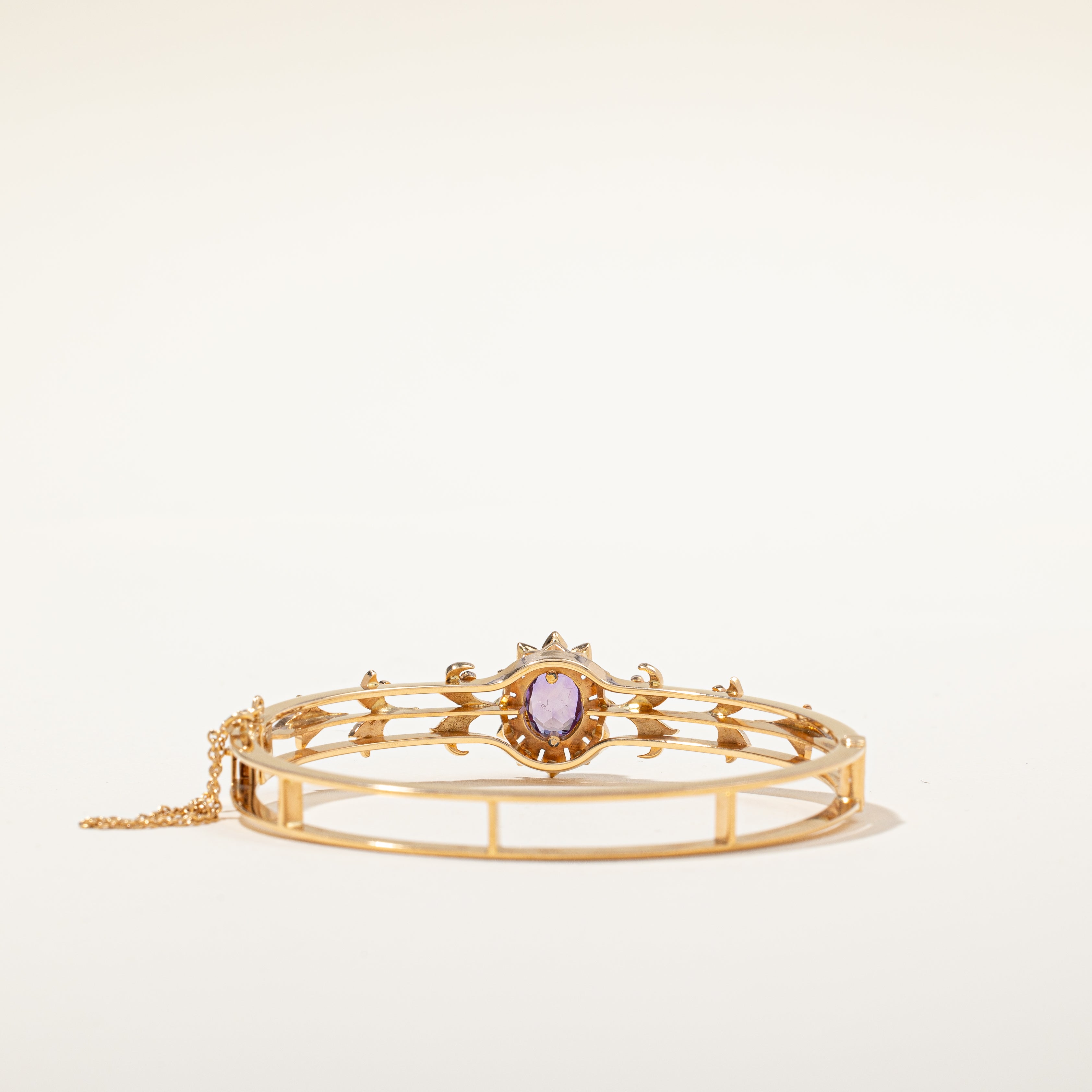 Edwardian Era Amethyst and Rose Cut Diamond Floral Bangle | 1.75ct, 0.35ctw | 6.75"