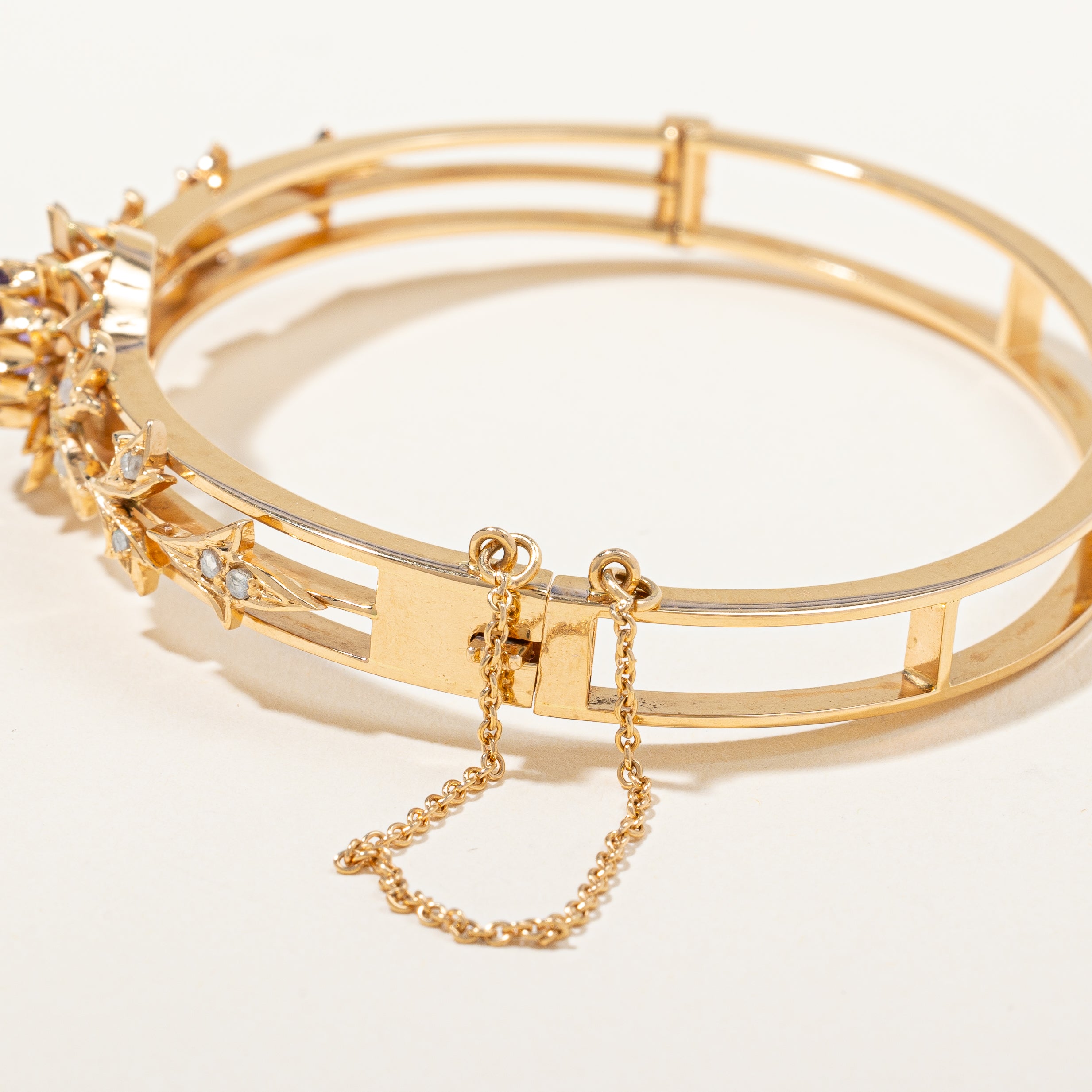 Edwardian Era Amethyst and Rose Cut Diamond Floral Bangle | 1.75ct, 0.35ctw | 6.75"