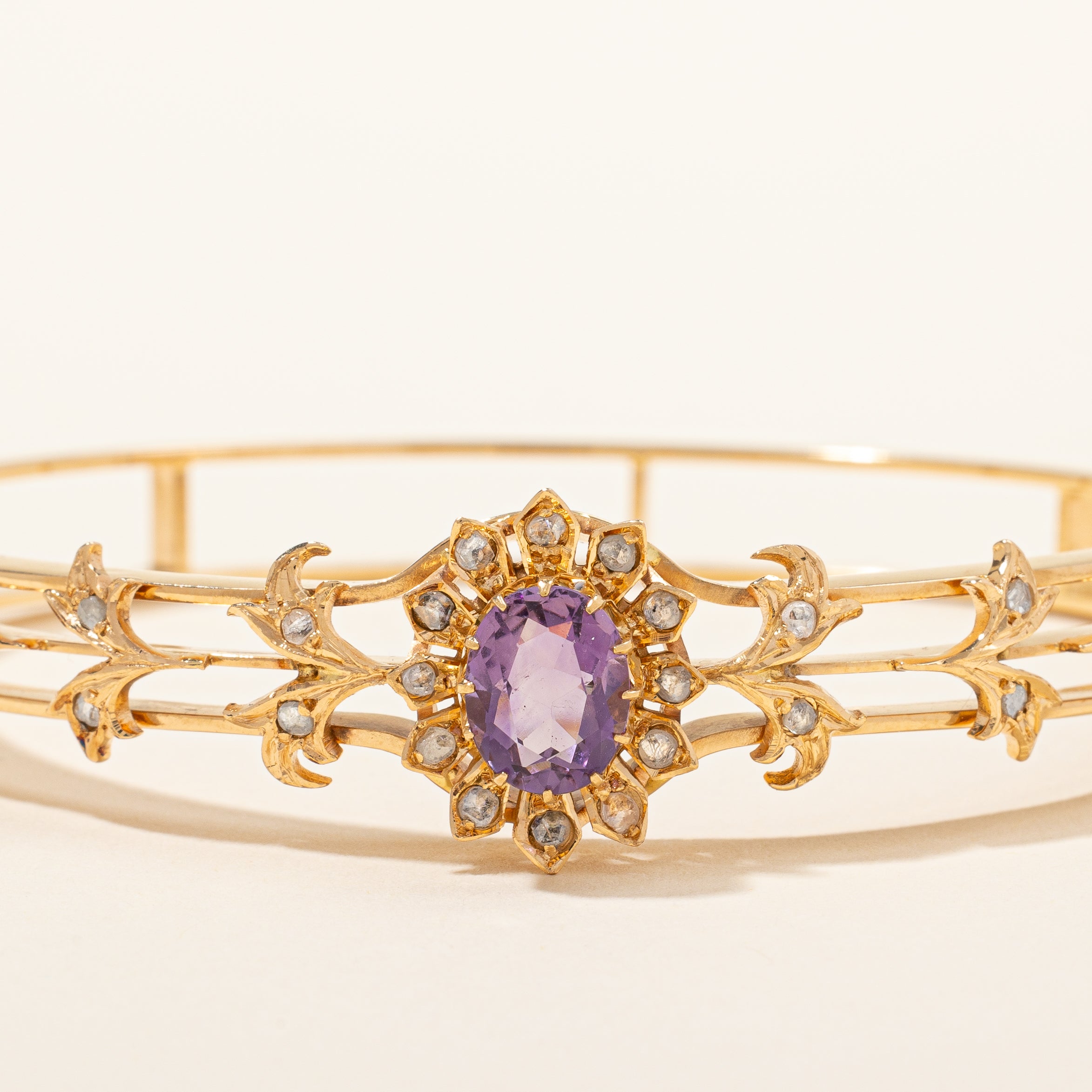Edwardian Era Amethyst and Rose Cut Diamond Floral Bangle | 1.75ct, 0.35ctw | 6.75"