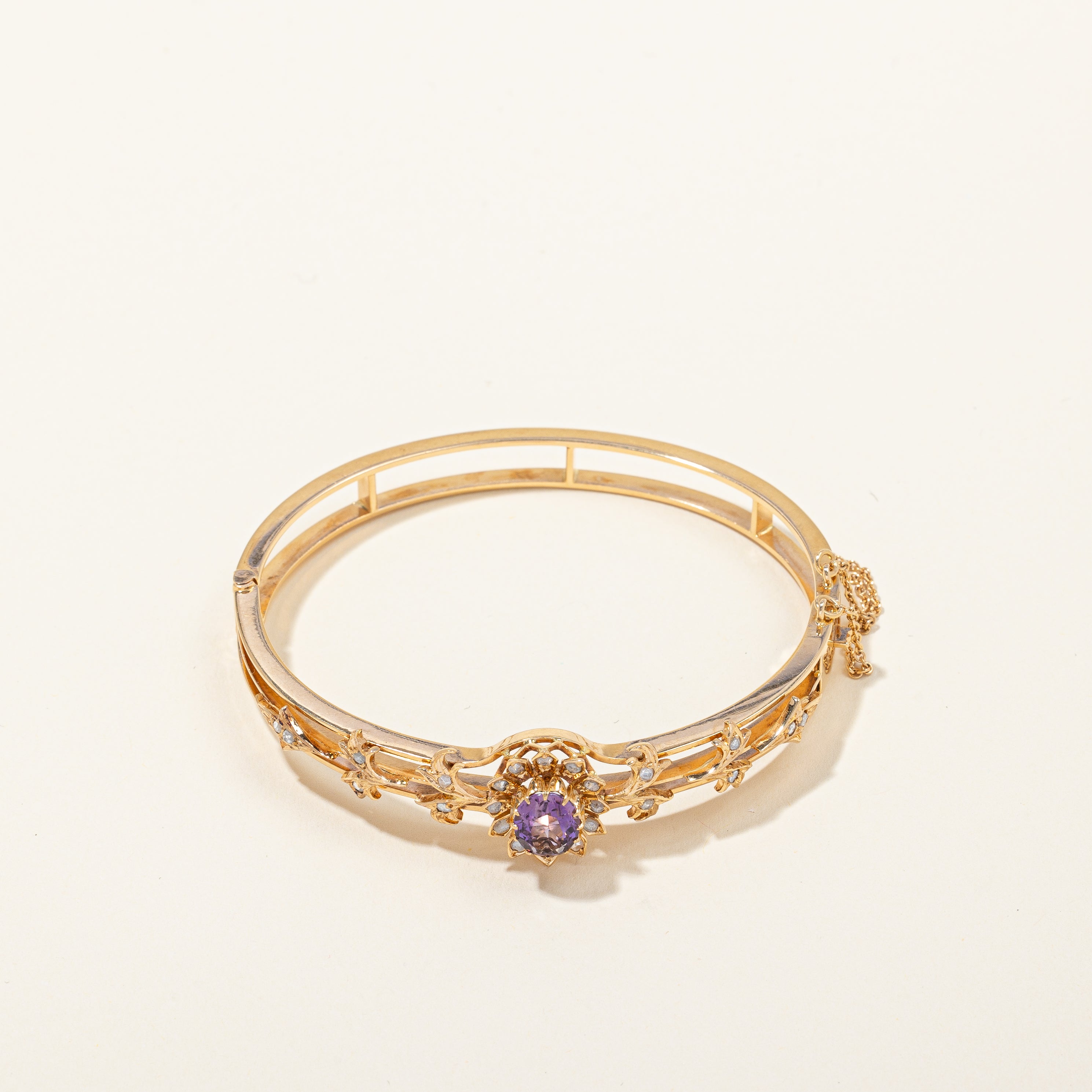 Edwardian Era Amethyst and Rose Cut Diamond Floral Bangle | 1.75ct, 0.35ctw | 6.75"