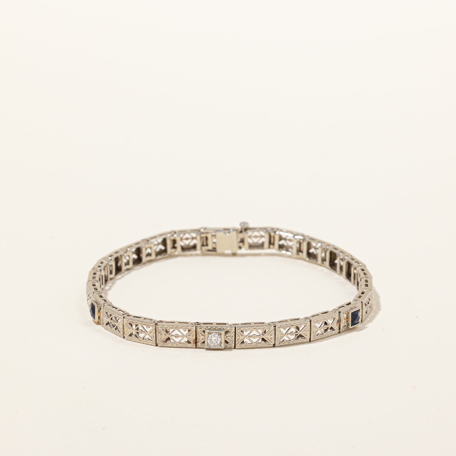 Vintage Natural Diamond & Synthetic Sapphire Line Bracelet | 0.08 ct, 0.16ctw | 7"